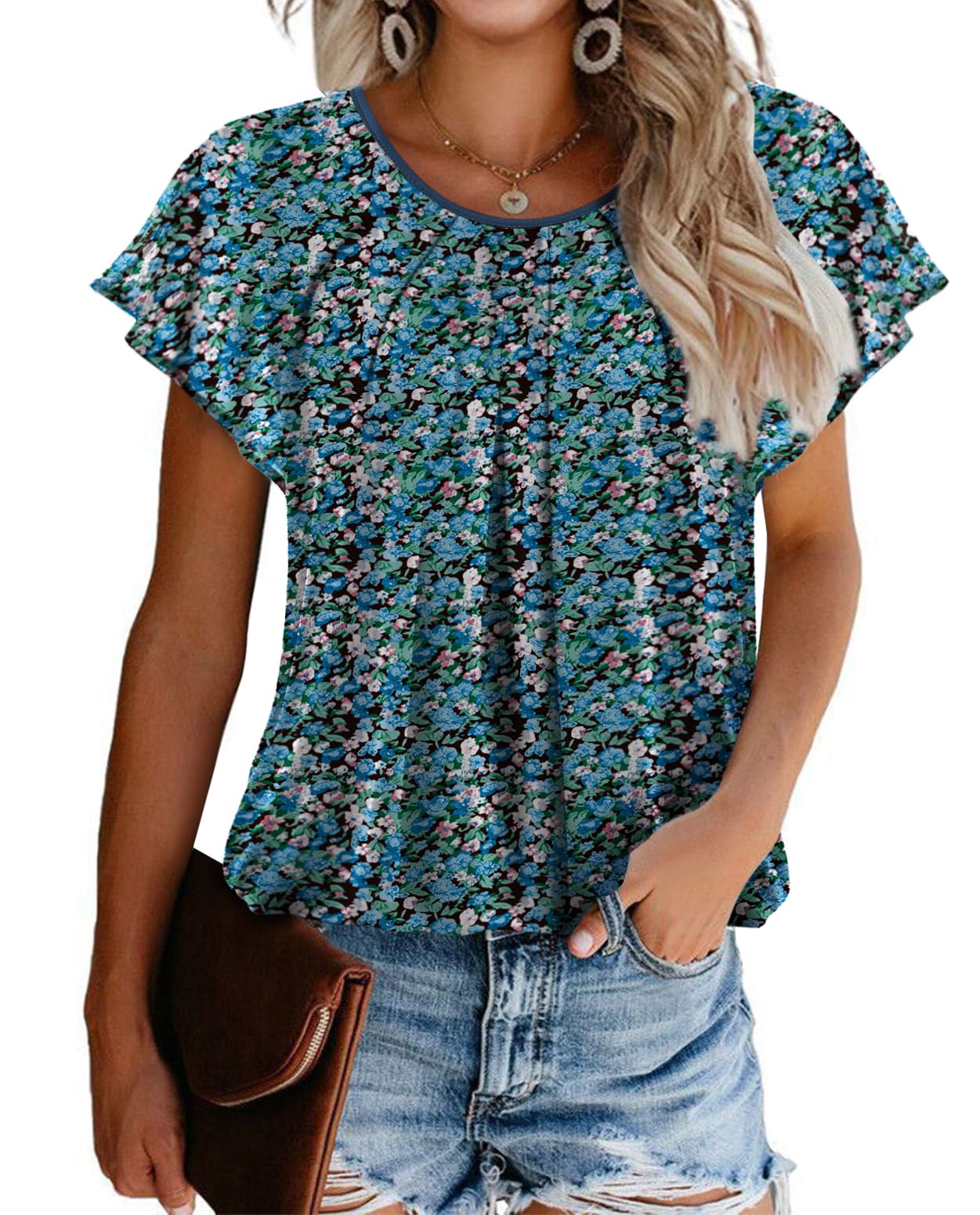 Hotouch Blusen Damen Kurzarm Doppellagig Mesh Rundhals Oberteile Loose Flowy Flügelärmel Tunika Sommer elegant Top