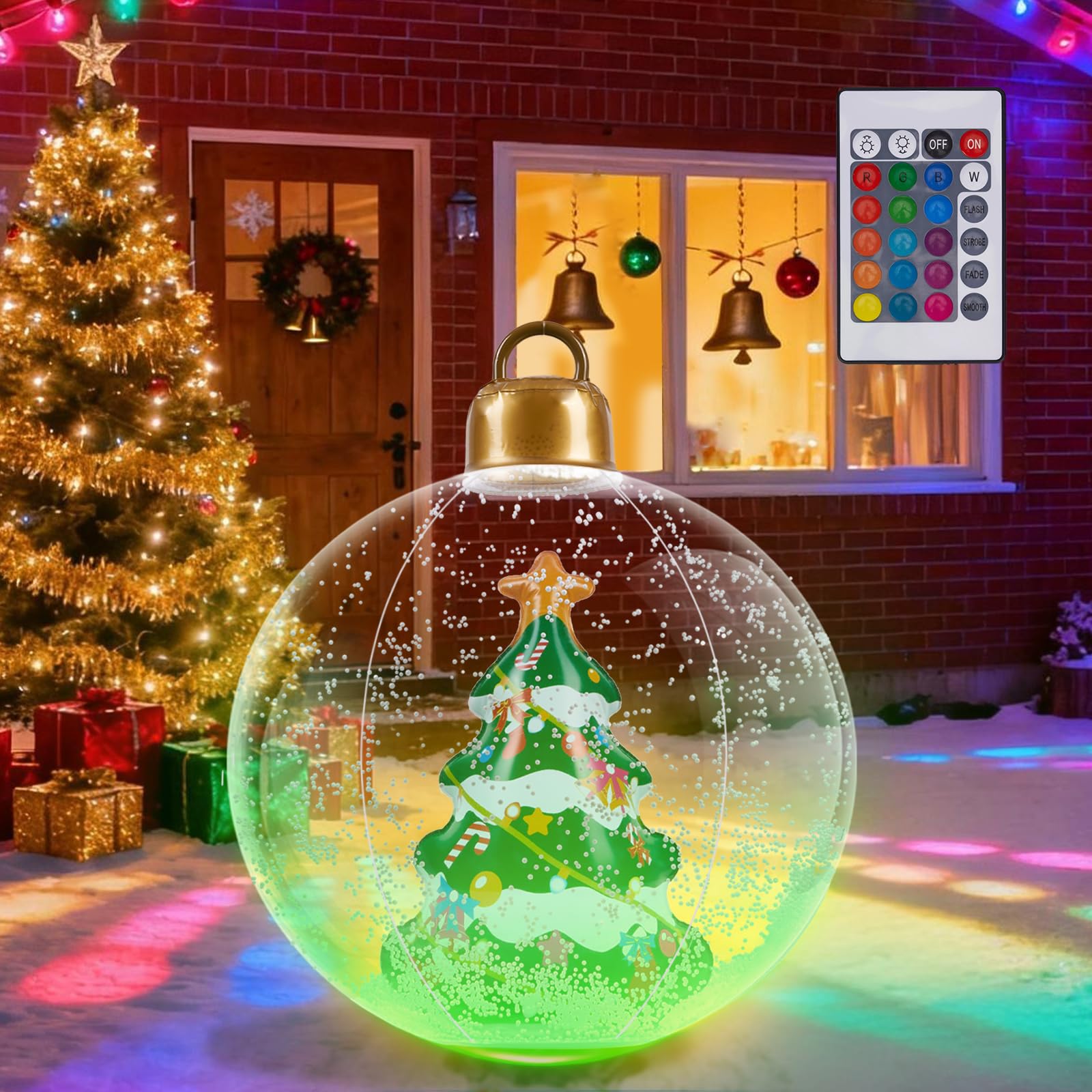 24 Inch Light Up Inflatable Christmas Baubles Decorations Outdoor,PVC Giant Inflatable Christmas Tree Balls with 16 Colors RGB LED Light,Xmas Blow Up Ball Ornaments for Garden Yard Front Porch Lawn