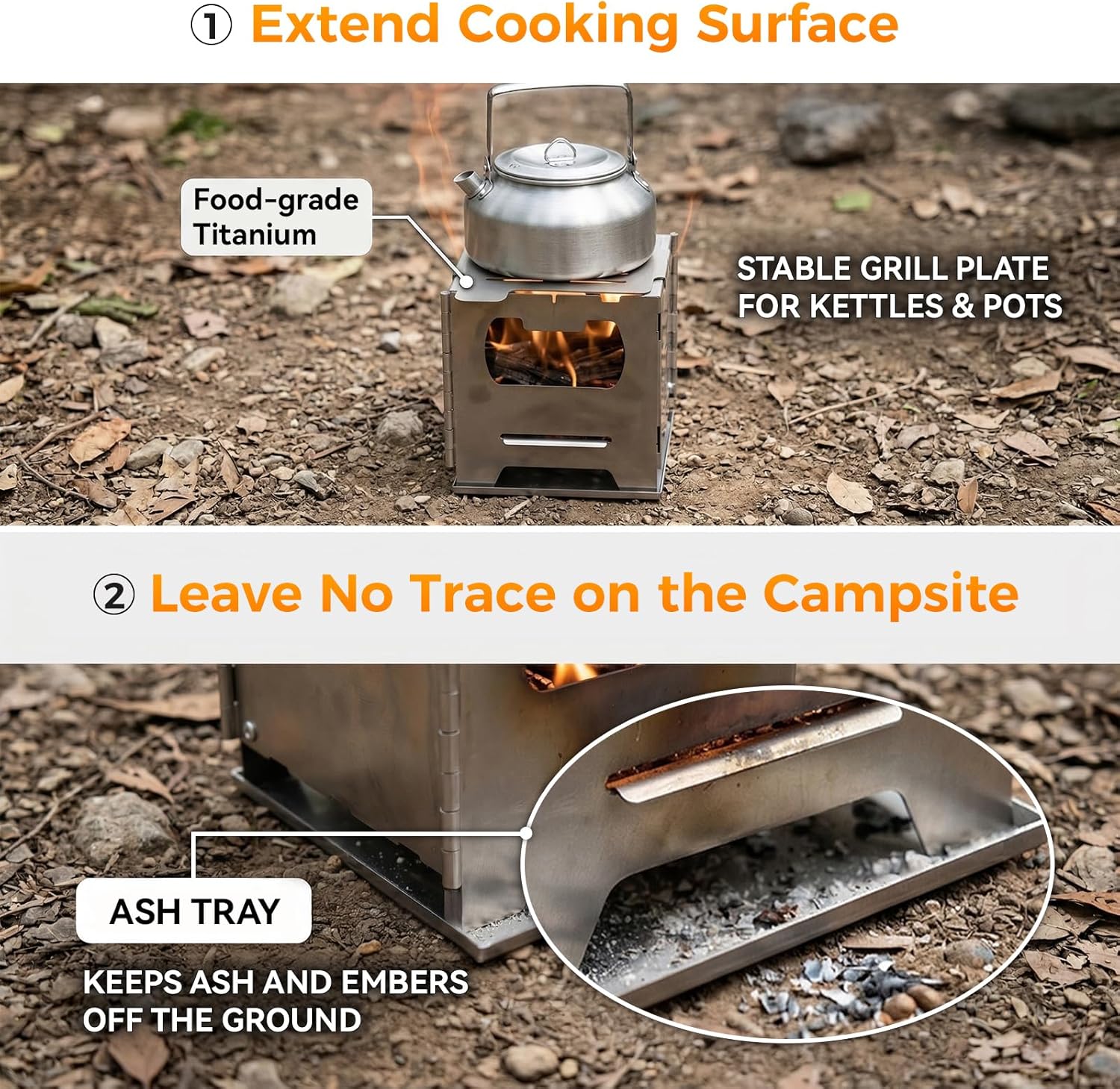 COOK'N'ESCAPE Portable Wood Burning Stove, Foldable Stainless Steel Camp Burner with Titanium Grill Plate and Ash Tray, Secondary Combustion Survival Gear for Hiking Outdoor Tent Camping Picnic BBQ
