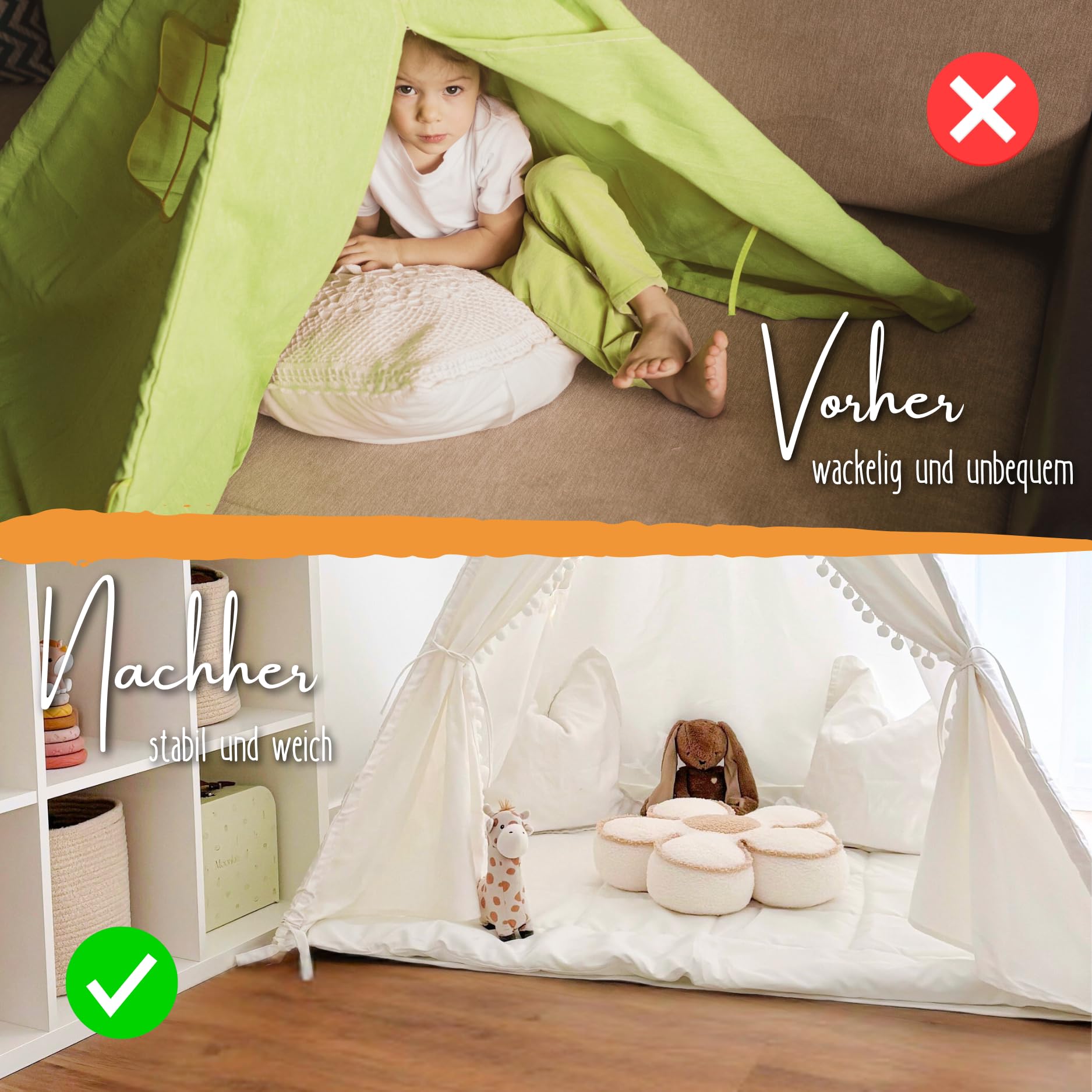 LIONHERZ® Tappetino Tipi con nastri, 120 x 120 cm, coperta imbottita per tenda da gioco/casetta dei giochi, morbida coperta quadrata per bambini, inserto trapuntato/base per legare (bianco brillante)