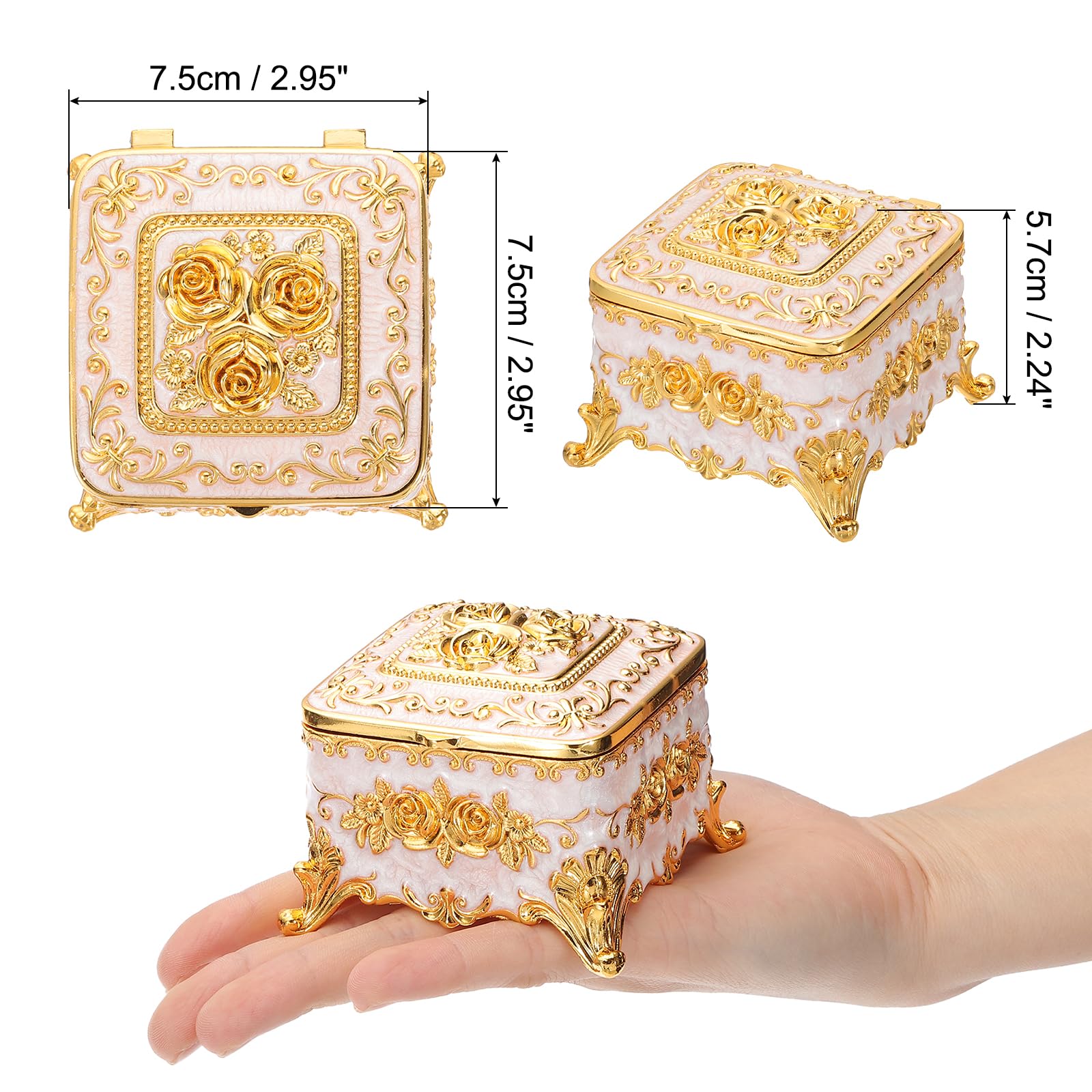 PATIKIL Antike Metall-Schmuckschatulle, quadratische Schmuck-Organizer-Box Schmuck-Aufbewahrungsbox für Ringe Ohrringe Halskette, Frisiertisch,Weiß