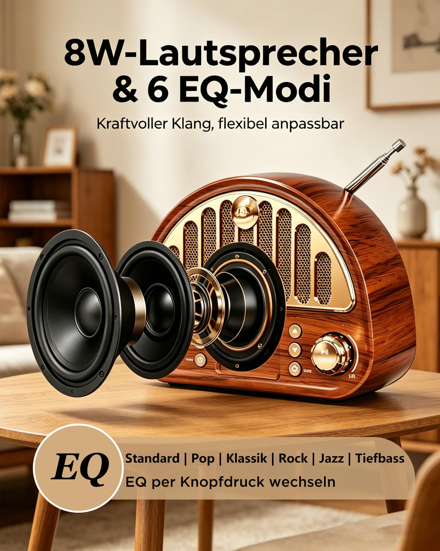 Radio Vintage DAB+/FM Bluetooth Portable, Poste Radio Numérique avec Batterie Rechargeable 3000 mAh, Double Réveil