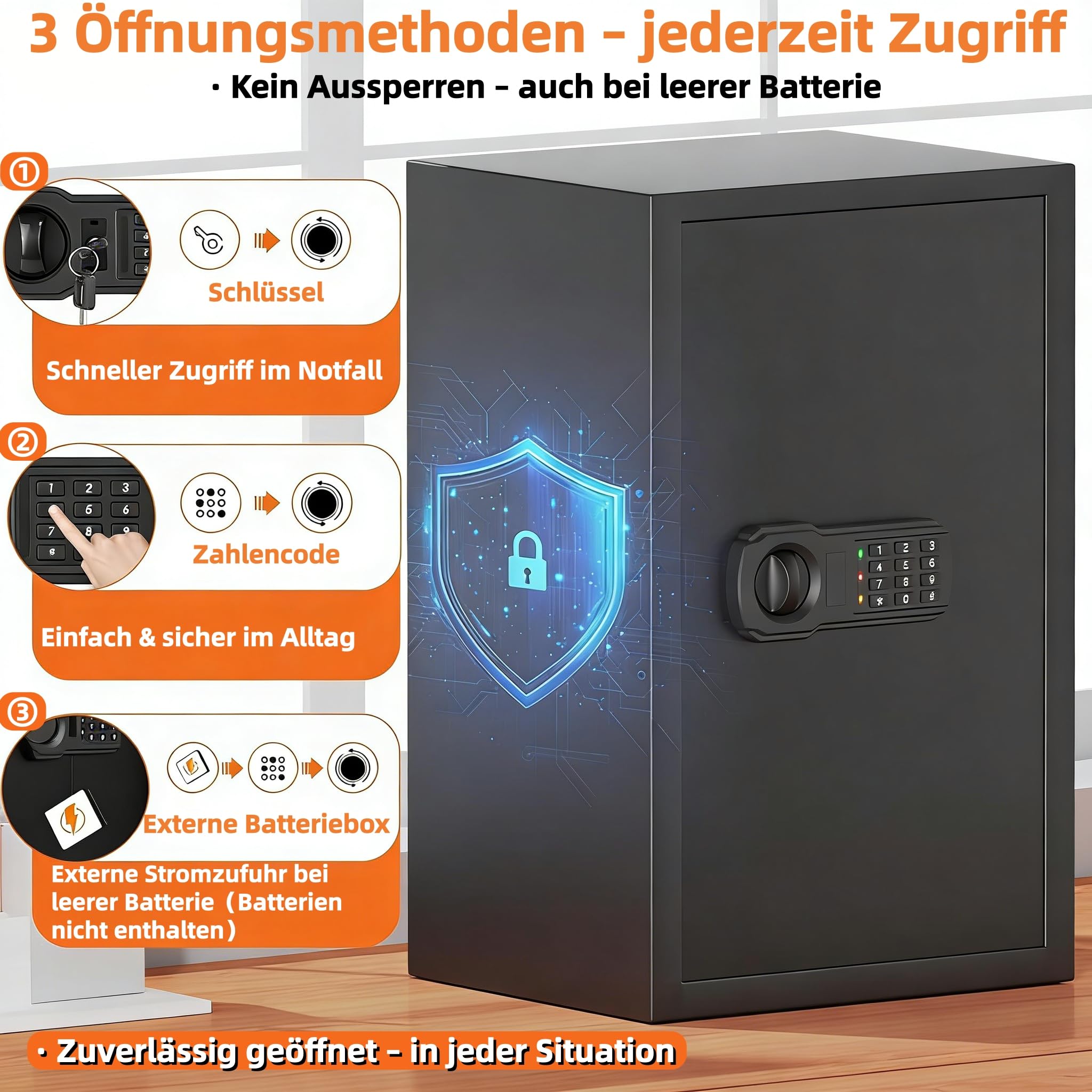 Caja fuerte grande de 74 l con cerradura de combinación, incluye bolsillo para documentos ignífugo (34 x 24 cm), montaje en pared y suelo, caja fuerte para muebles con 4 pernos y función de alarma
