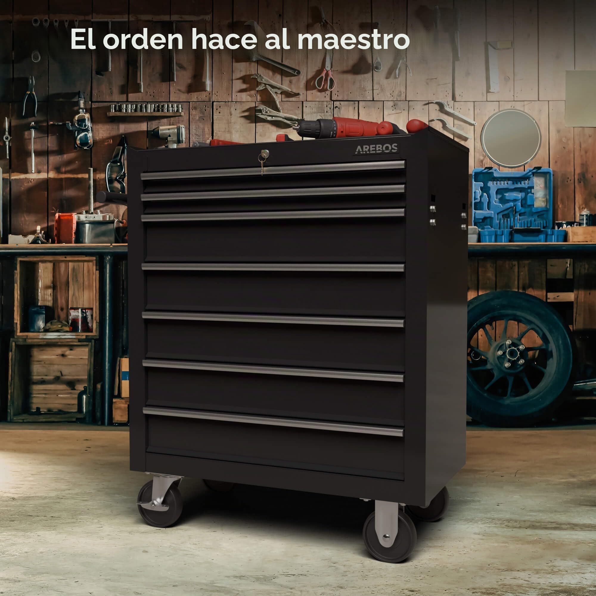 Arebos Carro de Taller 7 Compartimentos | Cierre centralizado | Revestimiento Antideslizante | Ruedas con Freno de estacionamiento | Metal Macizo | Negro