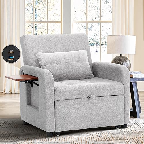 COLAMY Convertible Sleeper Chair-Fabric Futon Sofa Bed, Single Sleeper Sofa, Small Couch Bed with USB Port, Foldable Table, Pillow, Adjustable Backrest for Dorm/Bedroom/College Lightgrey - Lightgrey