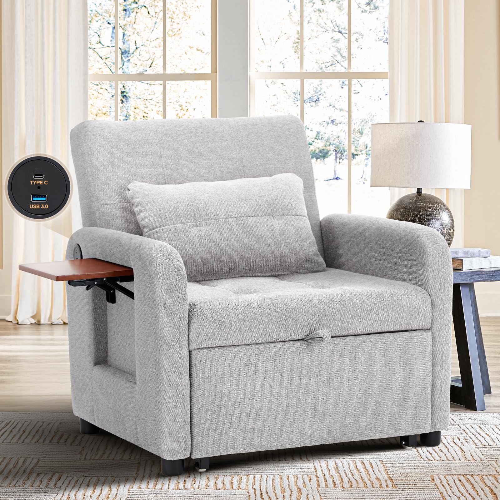 Convertible Sleeper Chair-Fabric Futon Sofa Bed, Single Sleeper Sofa, Small Couch Bed with USB Port, Foldable Table, Pillow, Adjustable Backrest for Dorm/Bedroom/College Lightgrey