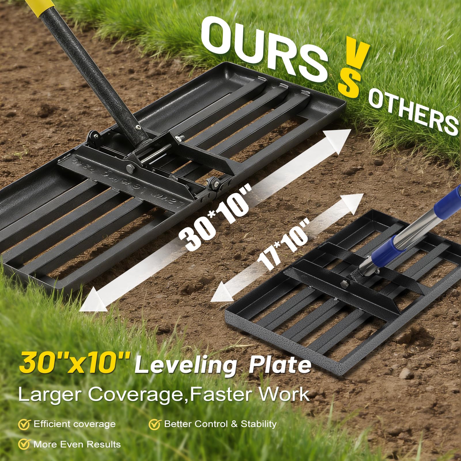 Gazon nivellering hark, 76 x 25 cm grondplaat, 144 cm verstelbaar lange steel Yard Level Tool met gebogen rand, Heavy Duty grote landschapsarchitectuur gazon leveler voor gras, golfveld, bodem zand