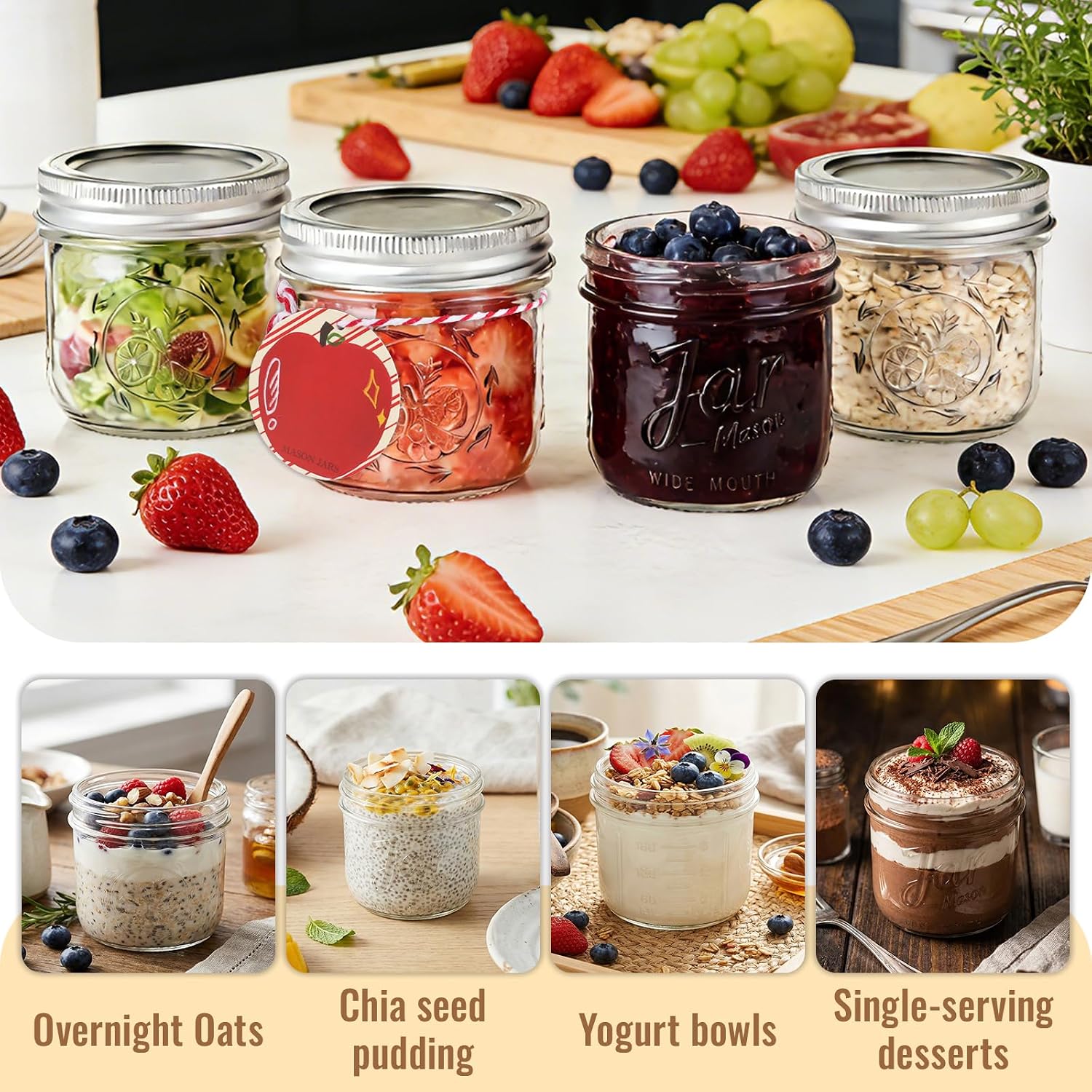 8 oz Wide Mouth Mason Jars with Embossing Pattern&Volume Marks,12 Pack Half Pint Canning Jars with Tags & Brush,Glass Storage Jars with Lids for Yogurt,Overnight Oats,Food Storage,Gift Giving & Crafts