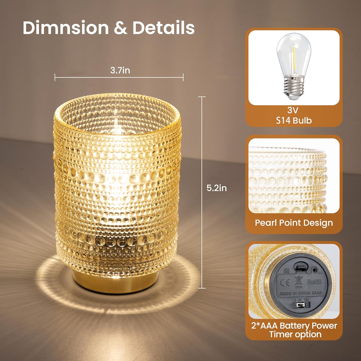 Battery Operated Lamp with Timer, Small Battery Powered Lamp for Bedside, Cordless Table Lamps with LED Warm Bulb, Wireless Lamps for Entryway/Dorm/Office/Patio/Living Room Decor-Amber