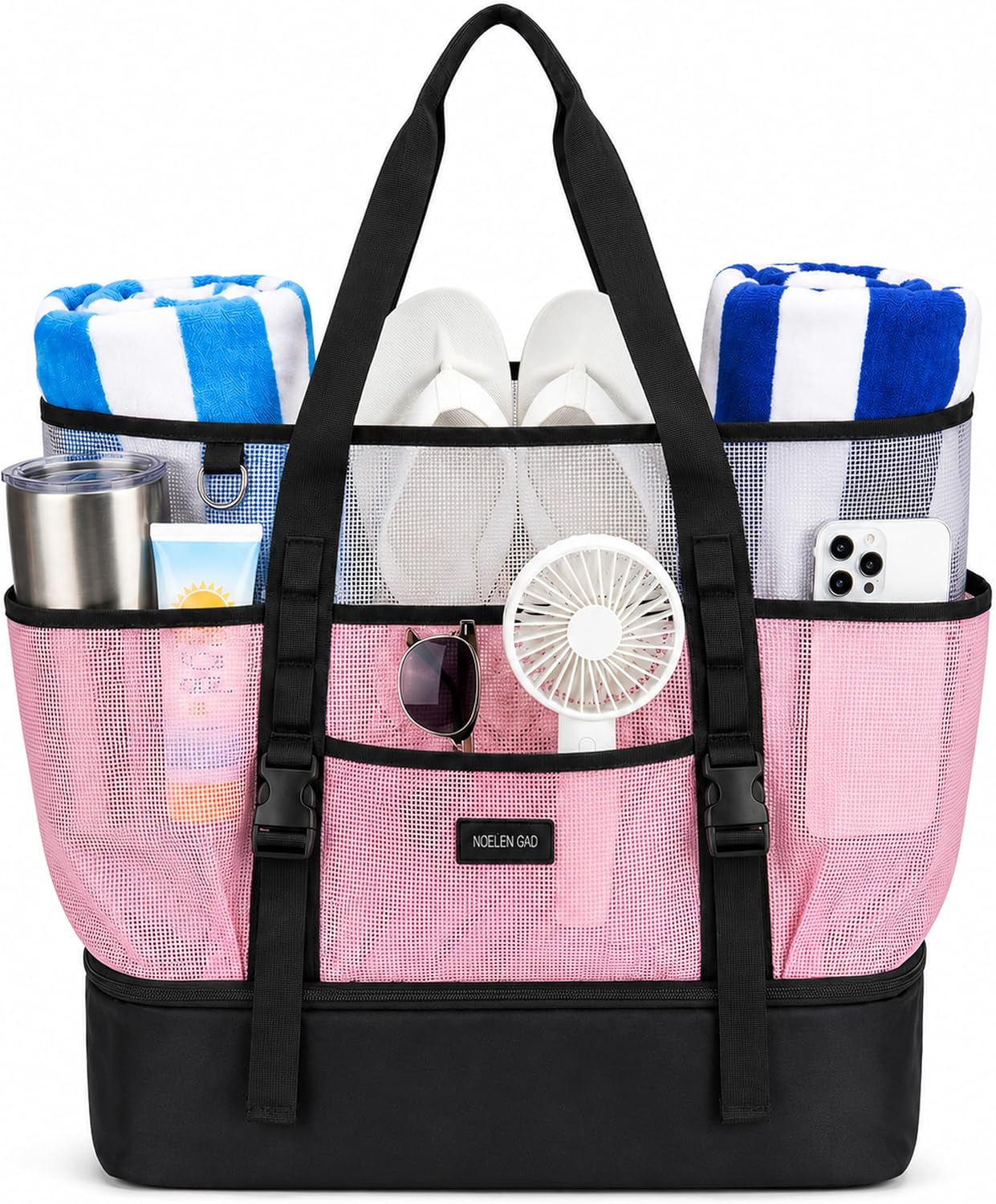 Beach Bag for Women, Large Mesh Tote with Zipper Pocket, Toys Pool Bag for Family Travel Vacation with Cooler for Swim Pool (Pink)