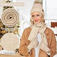 Vista 4 de Conjunto de gorro de punto cálido para mujer, bufanda larga, guantes para pantalla táctil, con forro polar, gorro de calavera con pompones, regalos