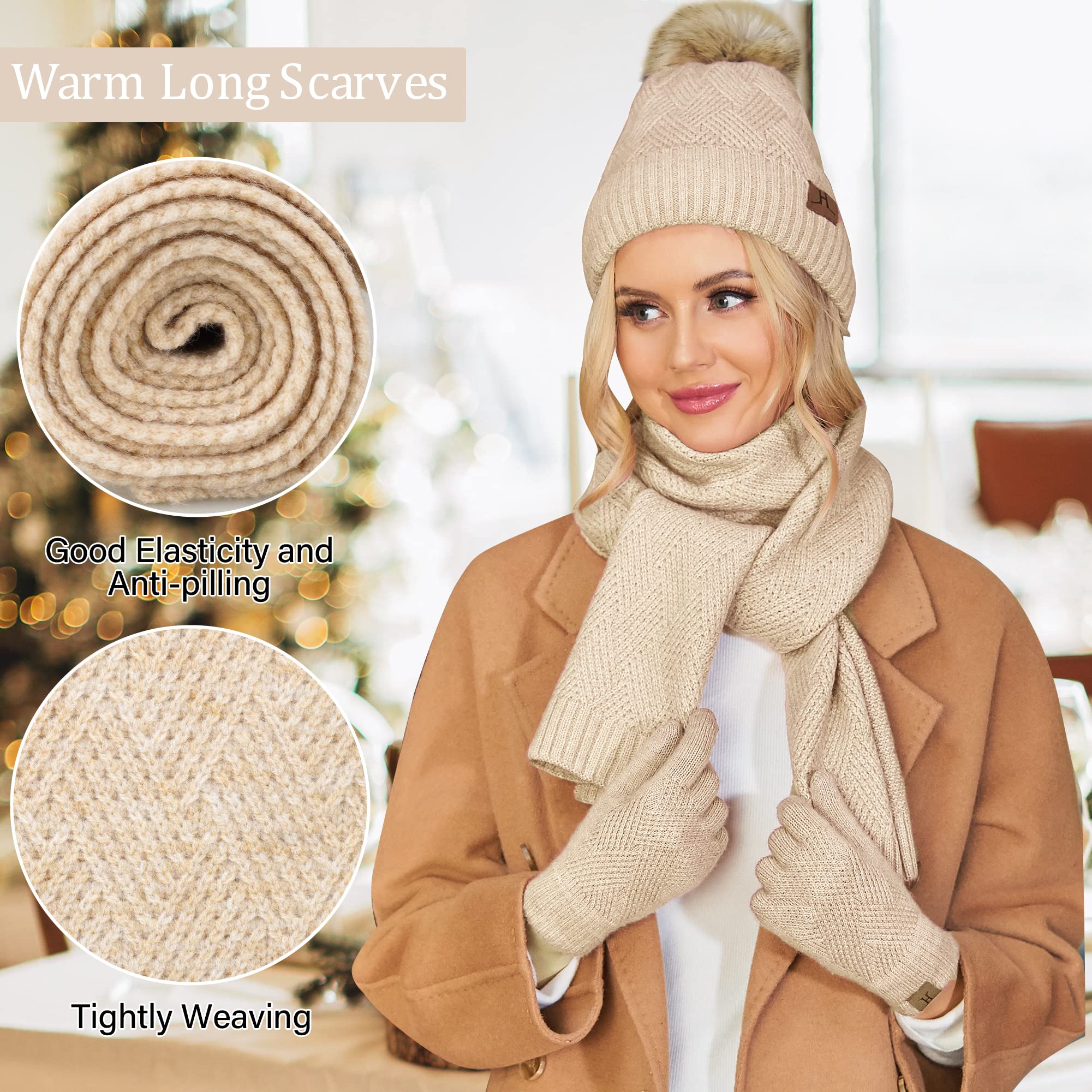 Femmes Hiver Chaud Bonnet Pompon Longue Echarpe Gants Tactiles Ensemble Tricot avec Doublure Polaire Thermique Cadeaux Noel Femme