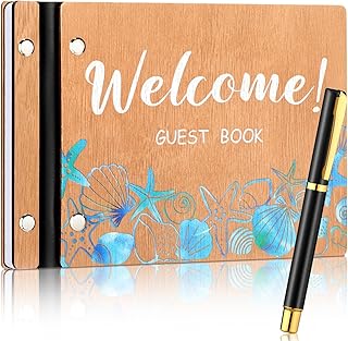 Skyygemm Wooden Cover Beach Guest Book & Scrapbook with Pen (120 Pages)