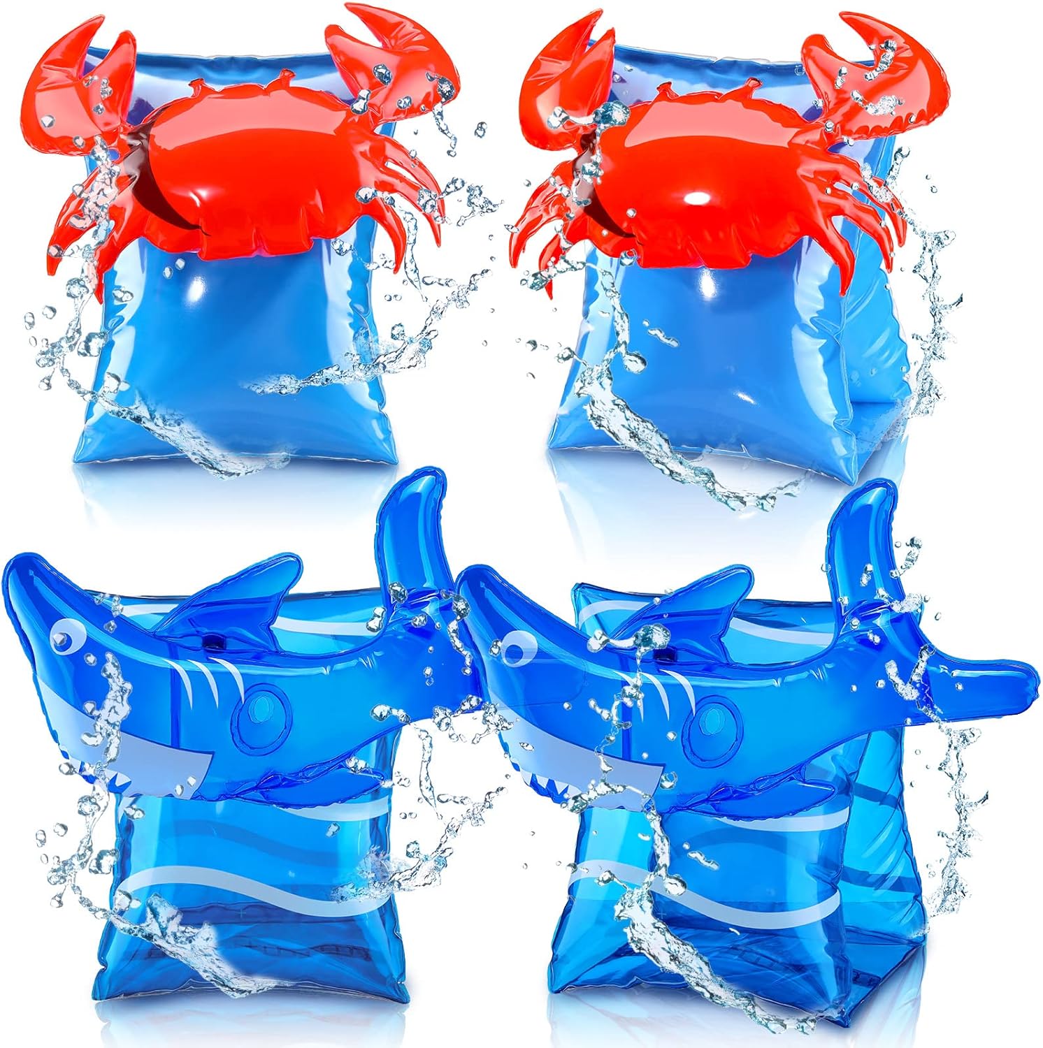 4 Manguitos Flotadores Brazaletes Hinchables Manguitos de Piscina Inflables Bandas para Brazo de Natación para Niños Playa Aprendizaje de Natación, 3 - 6 Años (Cangrejo, Tiburón)