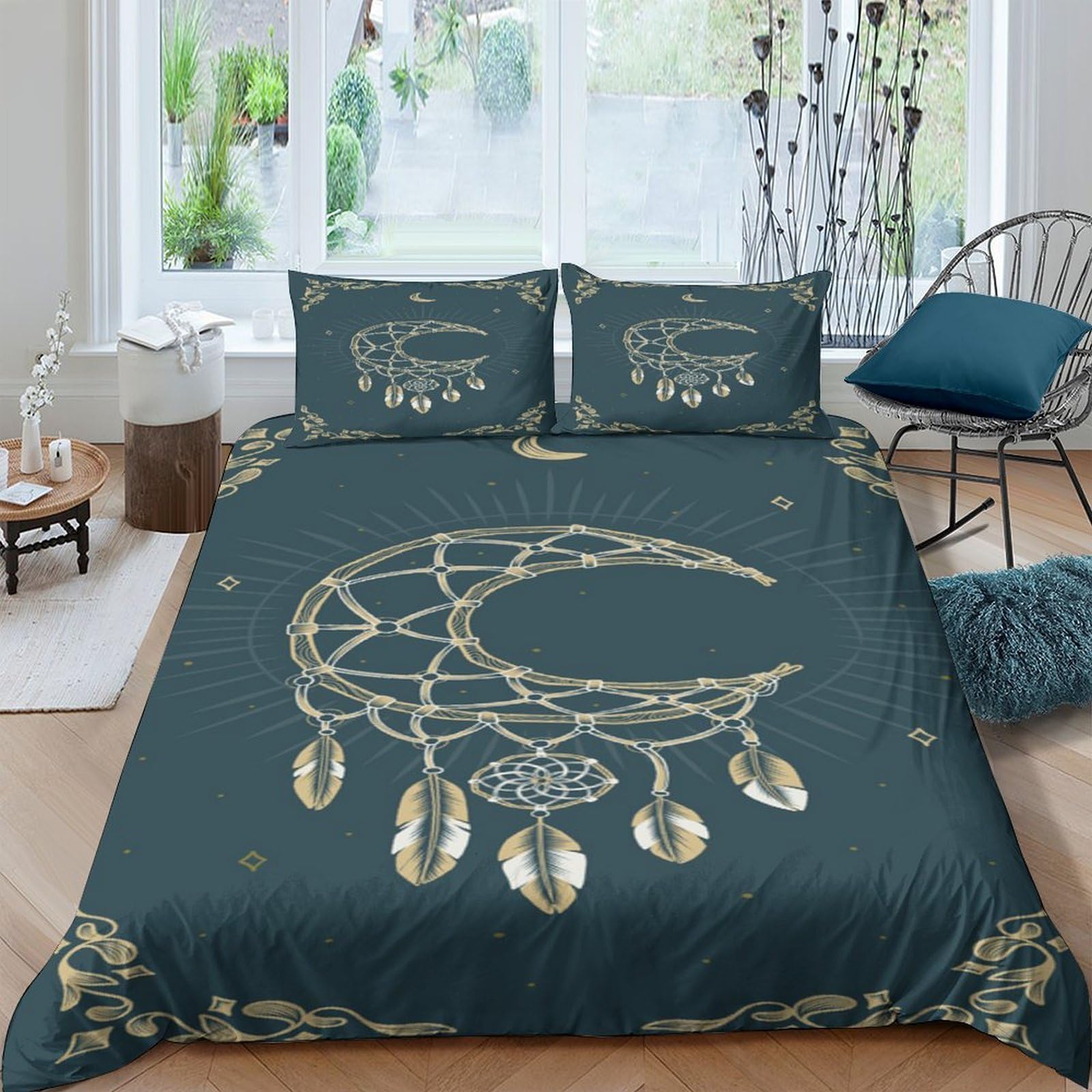 Ctjqhvkz Style-2 3D Printed Moon Dreamcatcher Fitted Sheet Microfiber Dark Blue Bed Cover Non-Slip Machine Washable For Bedroom Single（135X200cm）