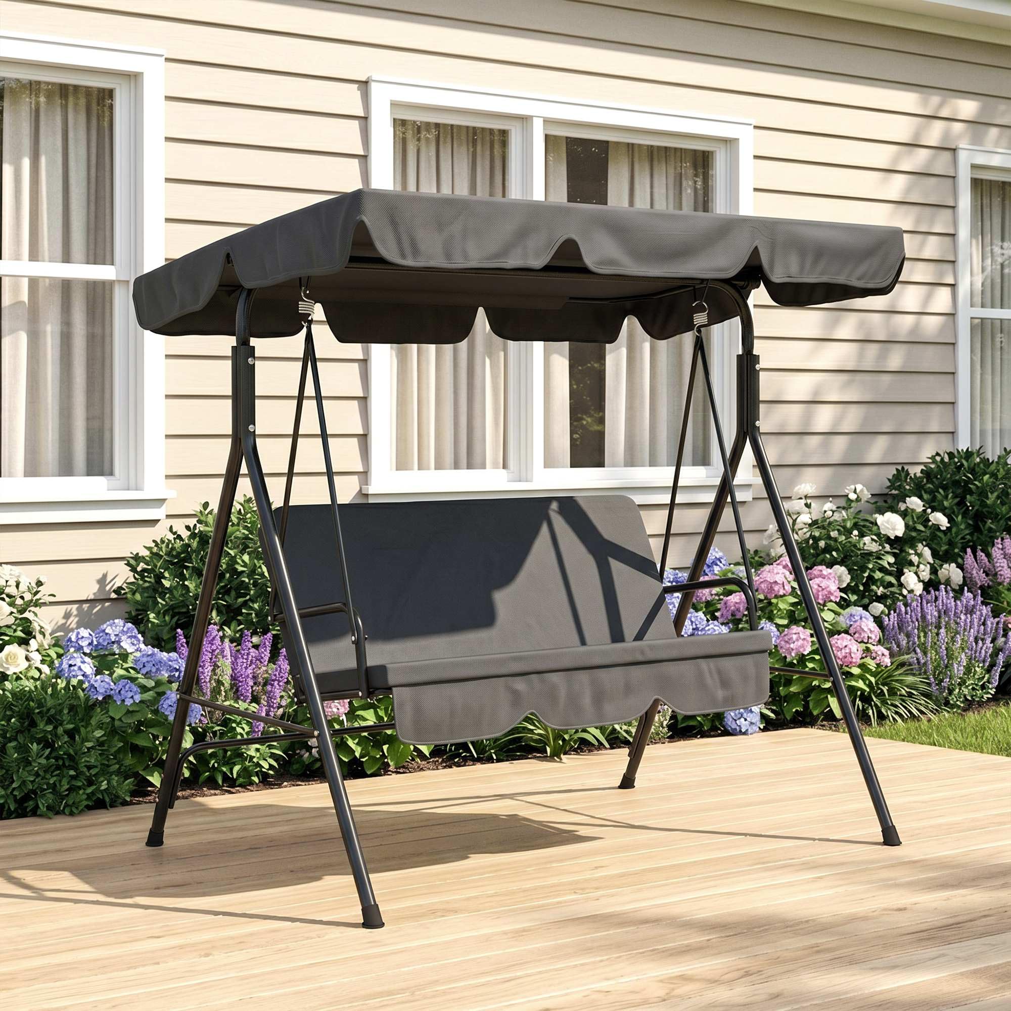 Outsunny Balancelle de Jardin 3 Places Toit Inclinaison réglable Acier Noir