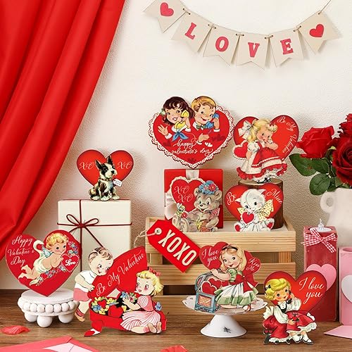 Miniatura 5 de Nitial 16 piezas de bandeja escalonada para el día de San Valentín, decoración rústica de madera para el día de San Valentín, decoraciones retro