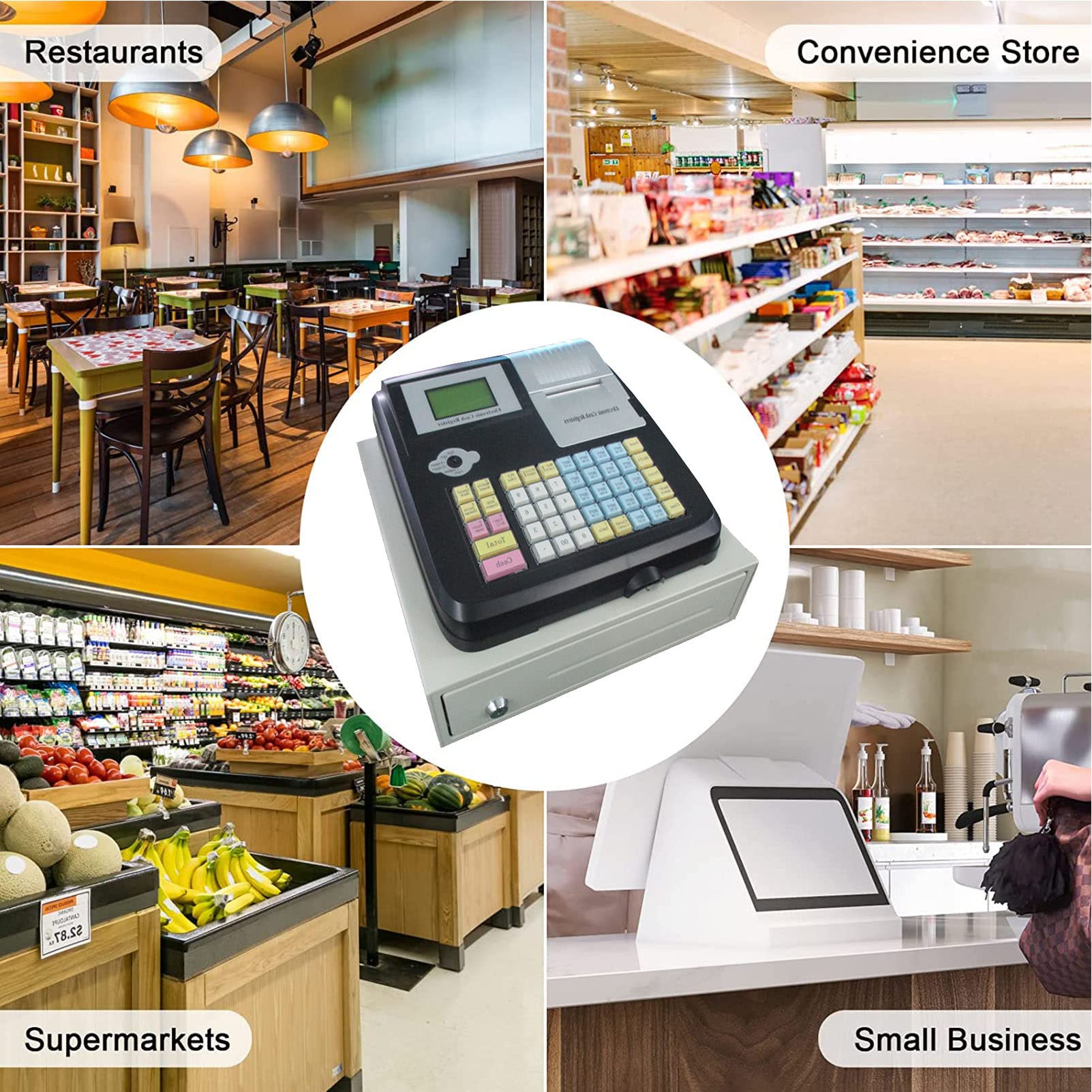 Caisse enregistreuse commerciale, 48 touches Caisse enregistreuse électronique avec tiroir à trésorerie amovible et imprimante thermique, systèmes POS pour les petites entreprises / commerces,Black
