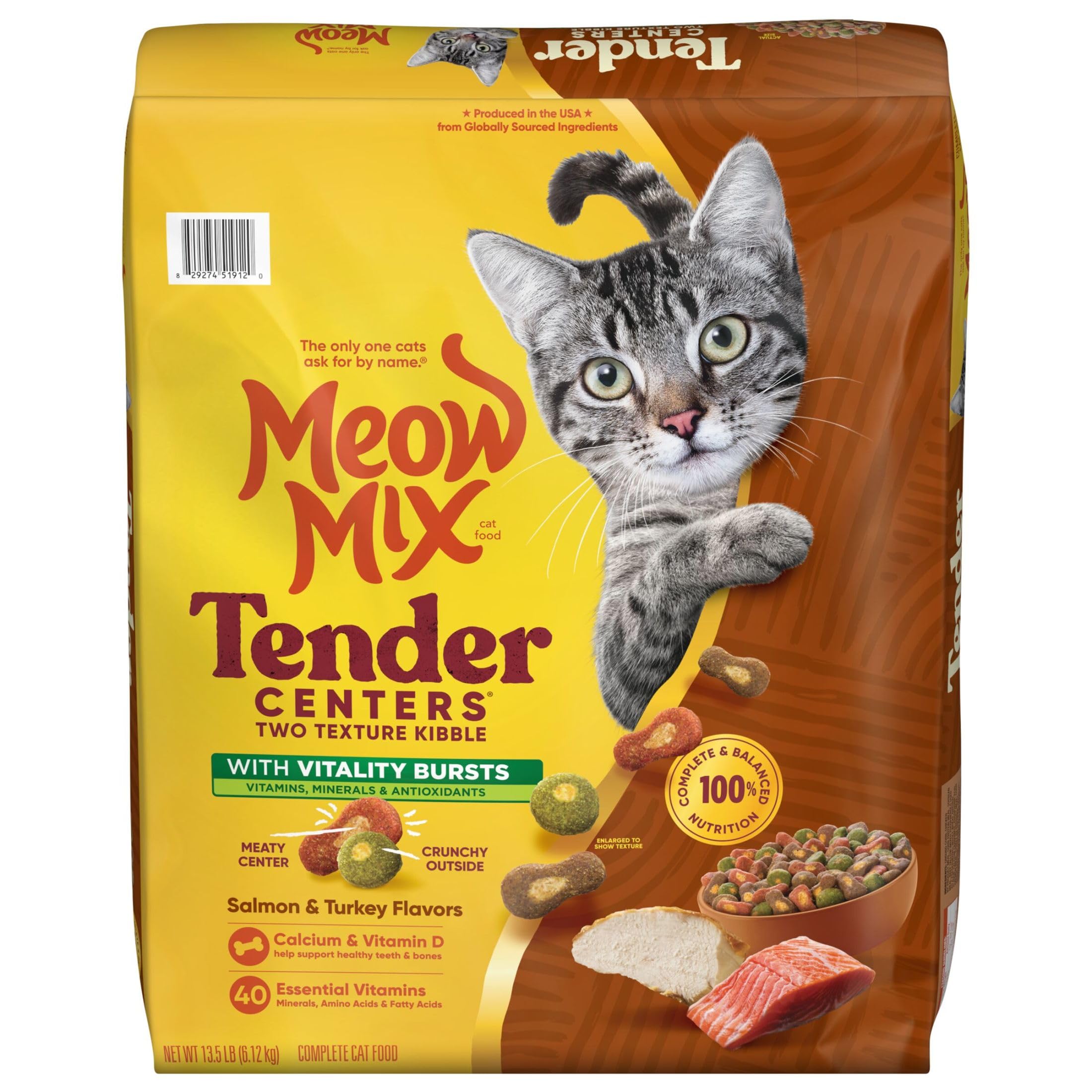 Tender Centers Dry Cat Food with Vitality Bursts Salmon & Turkey Flavors, 13.5 Pound Bag - Two Texture Kibble with A Meaty Center Surrounded by A Crunchy Outer Layer
