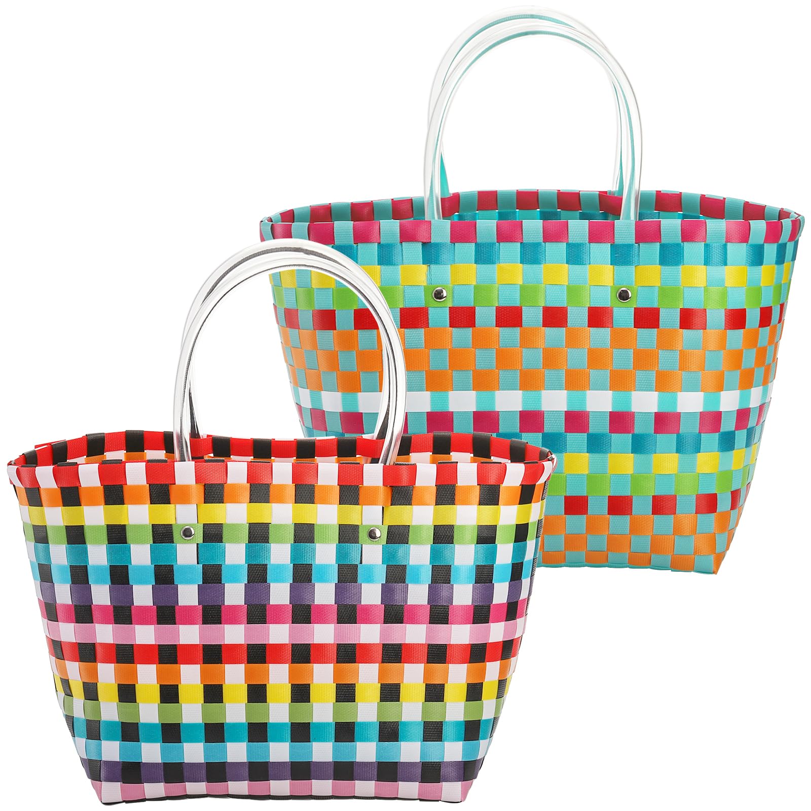 SOUJOY 2 Pack Woven Tote Bag, PVC Market Shopping Tote Basket, Large Capacity Grocery Bag with Handle, Colorful Wicker Beach Bag for Women
