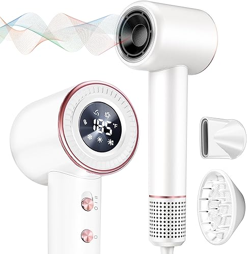 Rudd Secador de pelo con difusor, secador de pelo de alta velocidad con pantalla, motor sin escobillas de 110000 RPM para secado rápido, 200