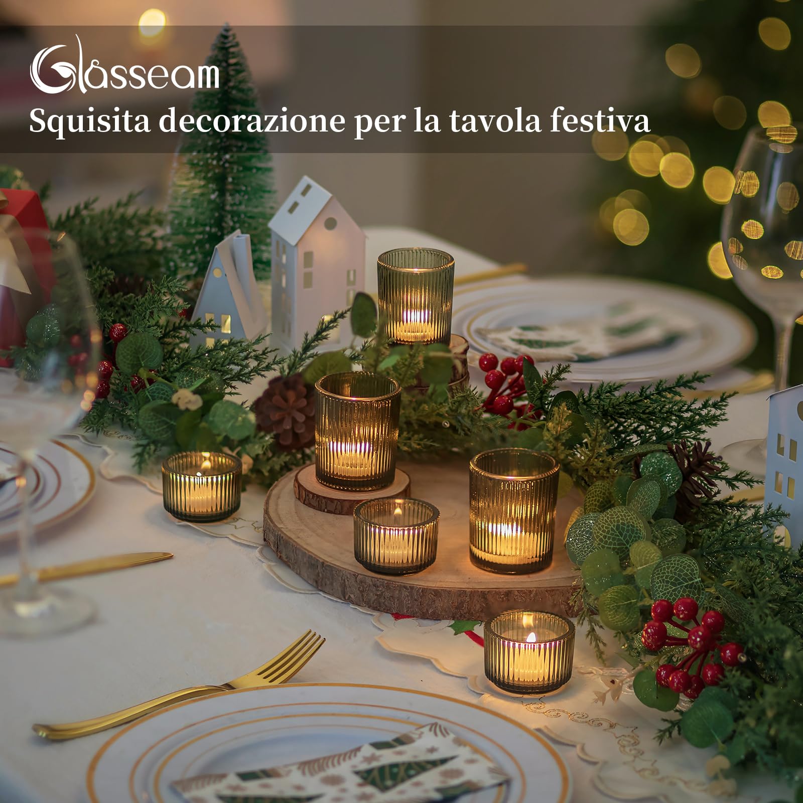 Glasseam Portacandele In Vetro Verde: Set Di 24 Portacandele Per Tealight, Portacandeles A Coste Per Centrotavola, Piccoli Portacandeles Per Natale, Matrimoni, Feste, Decorazioni Per La Casa