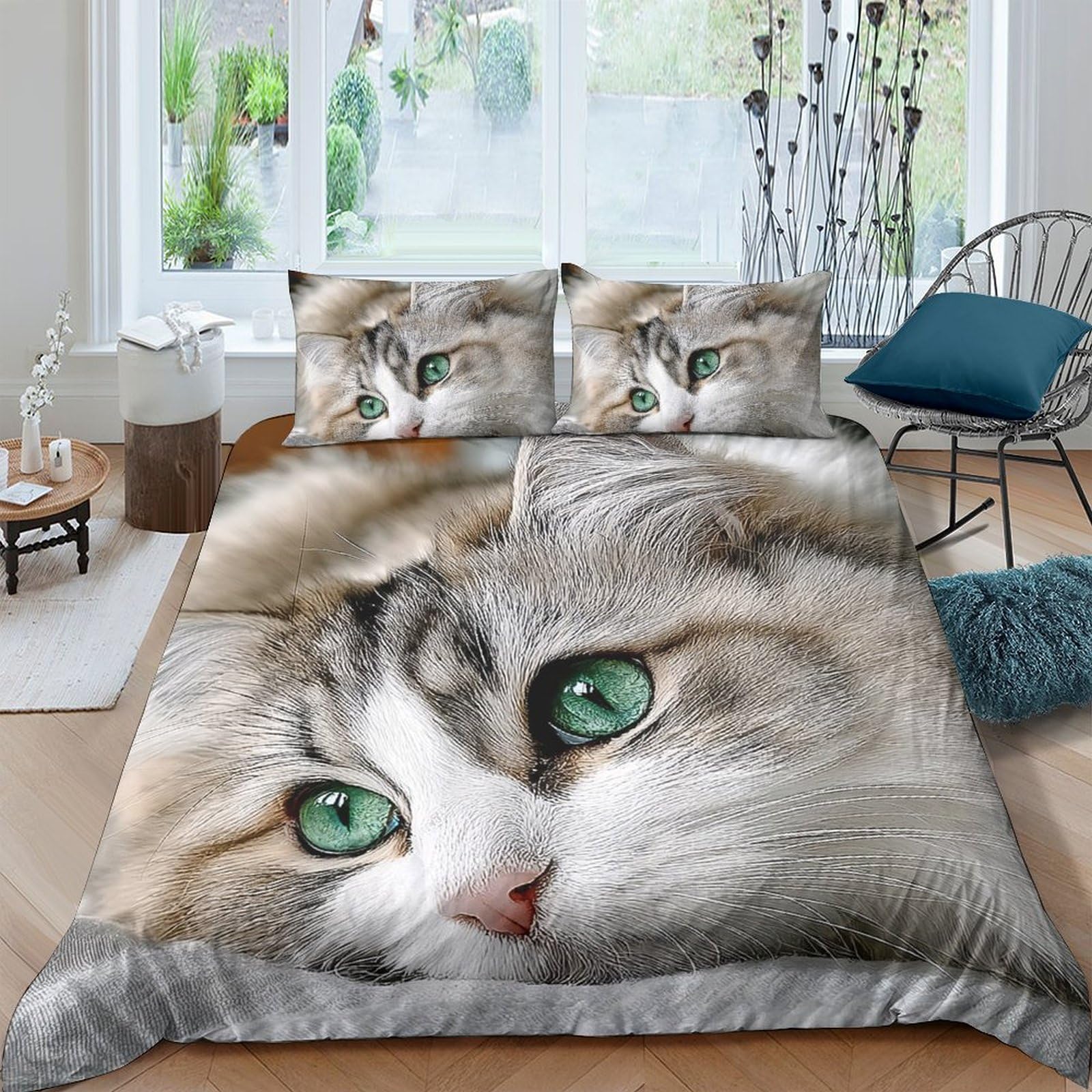 GPLZQXKJNH 3D Printed Realistic Cat Face Duvet Cover Set Microfiber Soft Green Eyes Quilt Cover with 2 Pillowcases for Bedroom Decor All Seasons Single（135x200cm）
