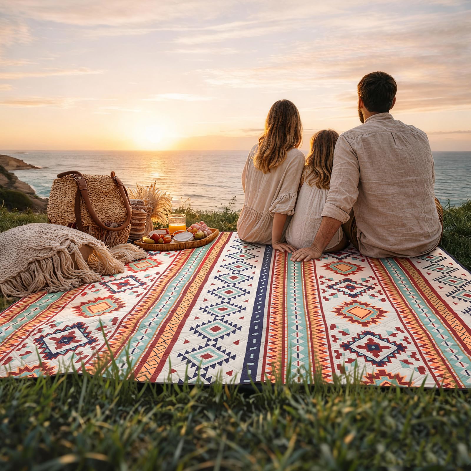 Siegvoll Picknickdecke 200x200cm XXL, wasserdichte sandfreie Stranddecke, 3-lagig gepolsterte isolierte Campingdecke, Strandmatte für Outdoor, Boho-Stil, waschbar faltbar