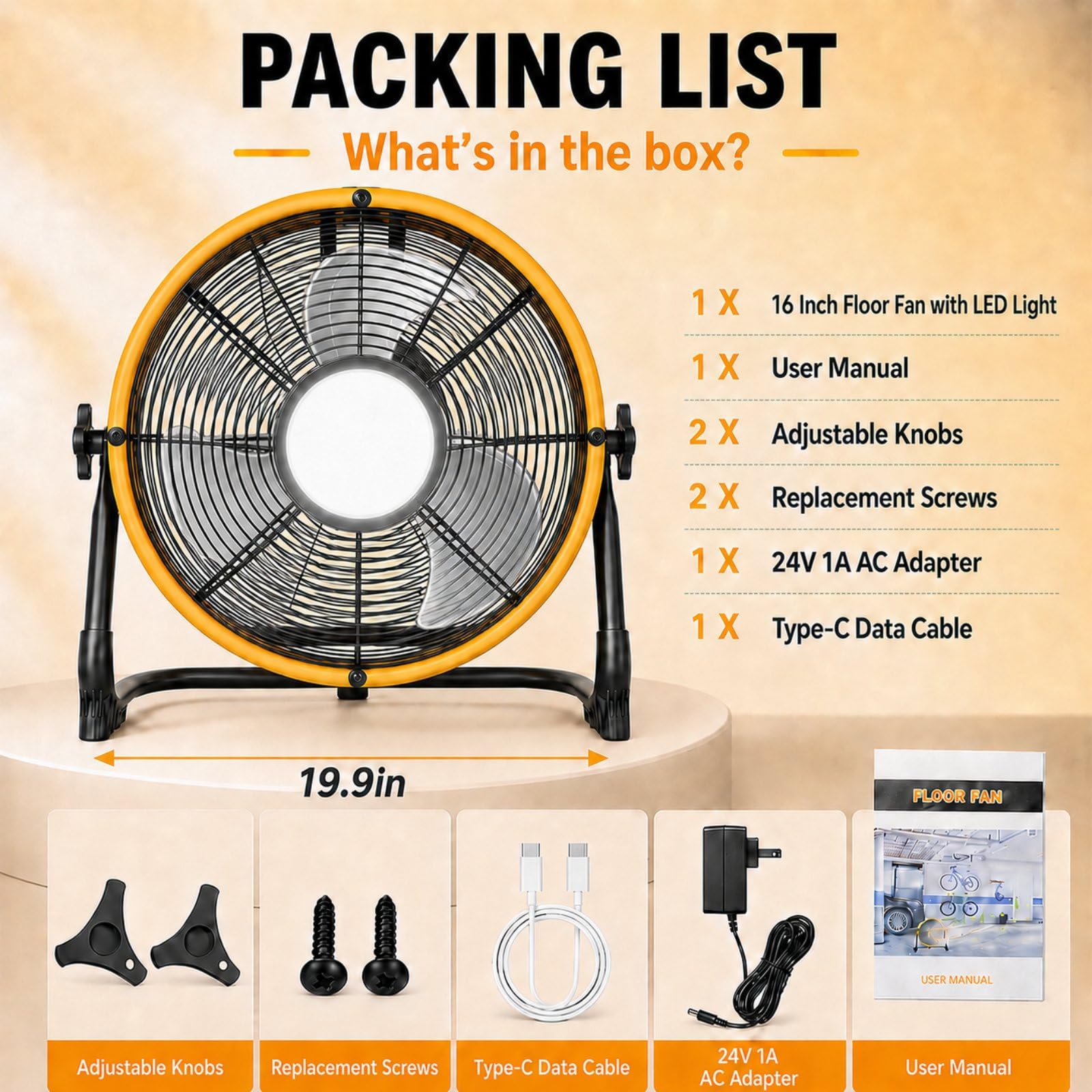 T-SUN Kabelloser Ventilator, 40,6 cm, kompatibel mit Dewalt 18 V/20 V Akku, USB-Bodenventilator, batteriebetrieben, Campingventilator mit LED-Licht, USB-Typ-C-Anschluss, stufenlose Geschwindigkeiten