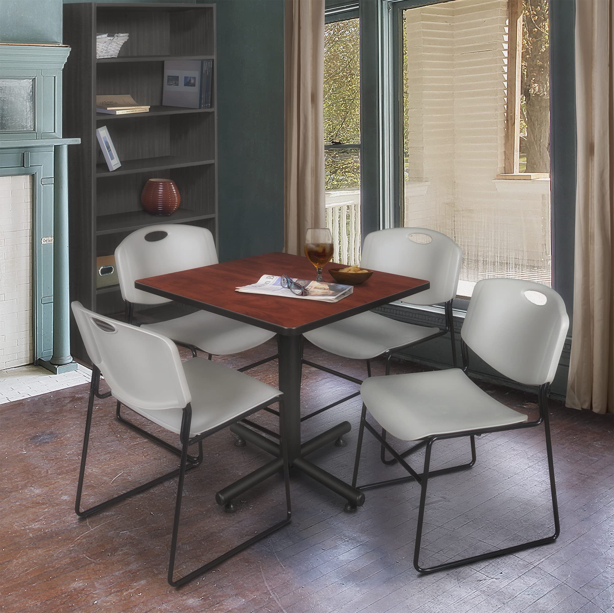 Regency Kobe 30-Inch Square Breakroom Table, Cherry, and 4 Zeng Stack Chairs- Grey