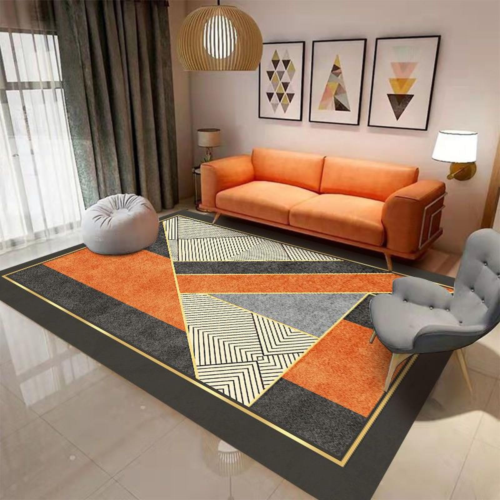 Amazon | ラグマット グレーオレンジの幾何学模様 ラグ