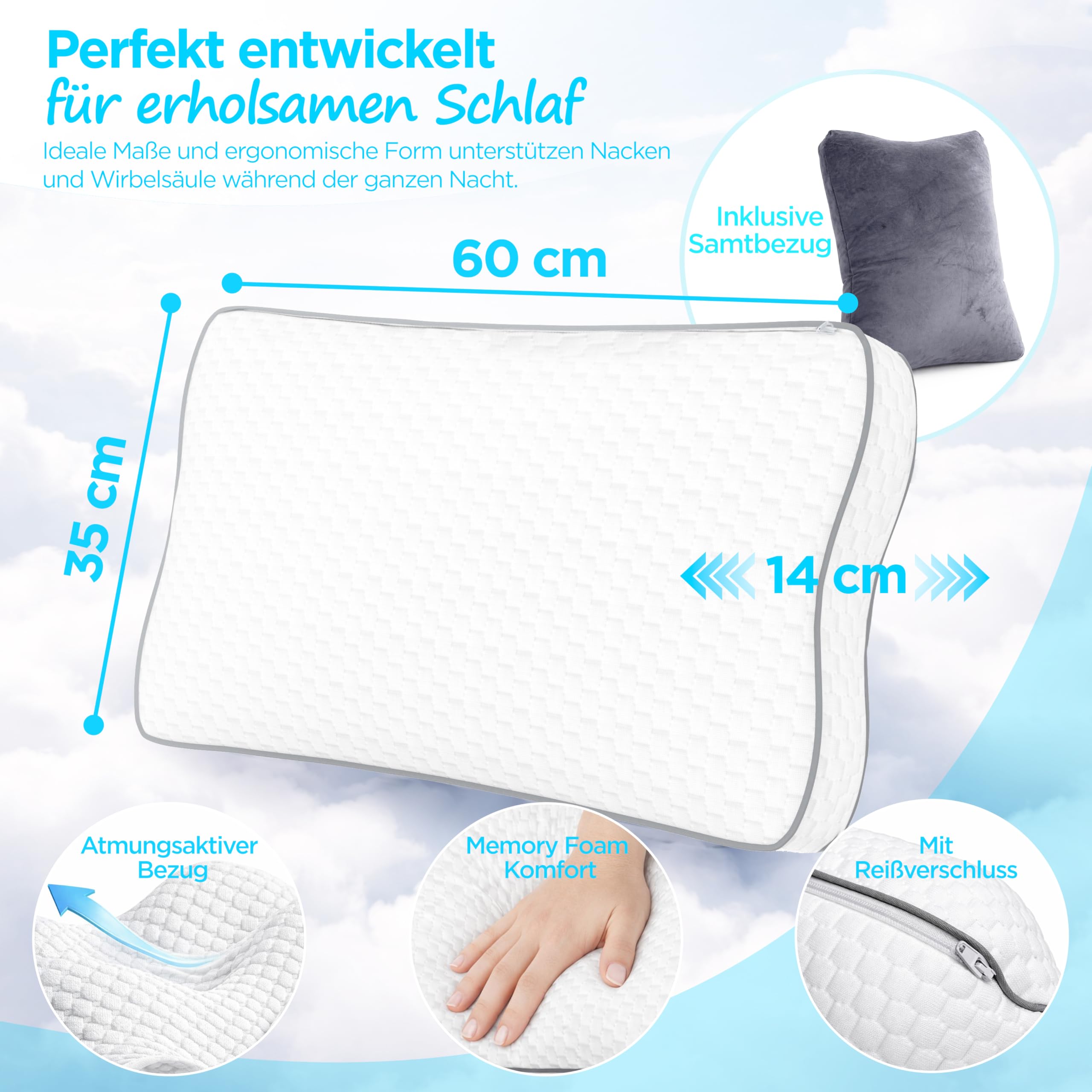 Sleep Good - Seitenschläferkissen mit Memory Foam Füllung - Ergonomisches Kopfkissen - Premium Nackenstützkissen - Orthopädisches Kissen - Bequemes Schlafkissen & Nackenkissen