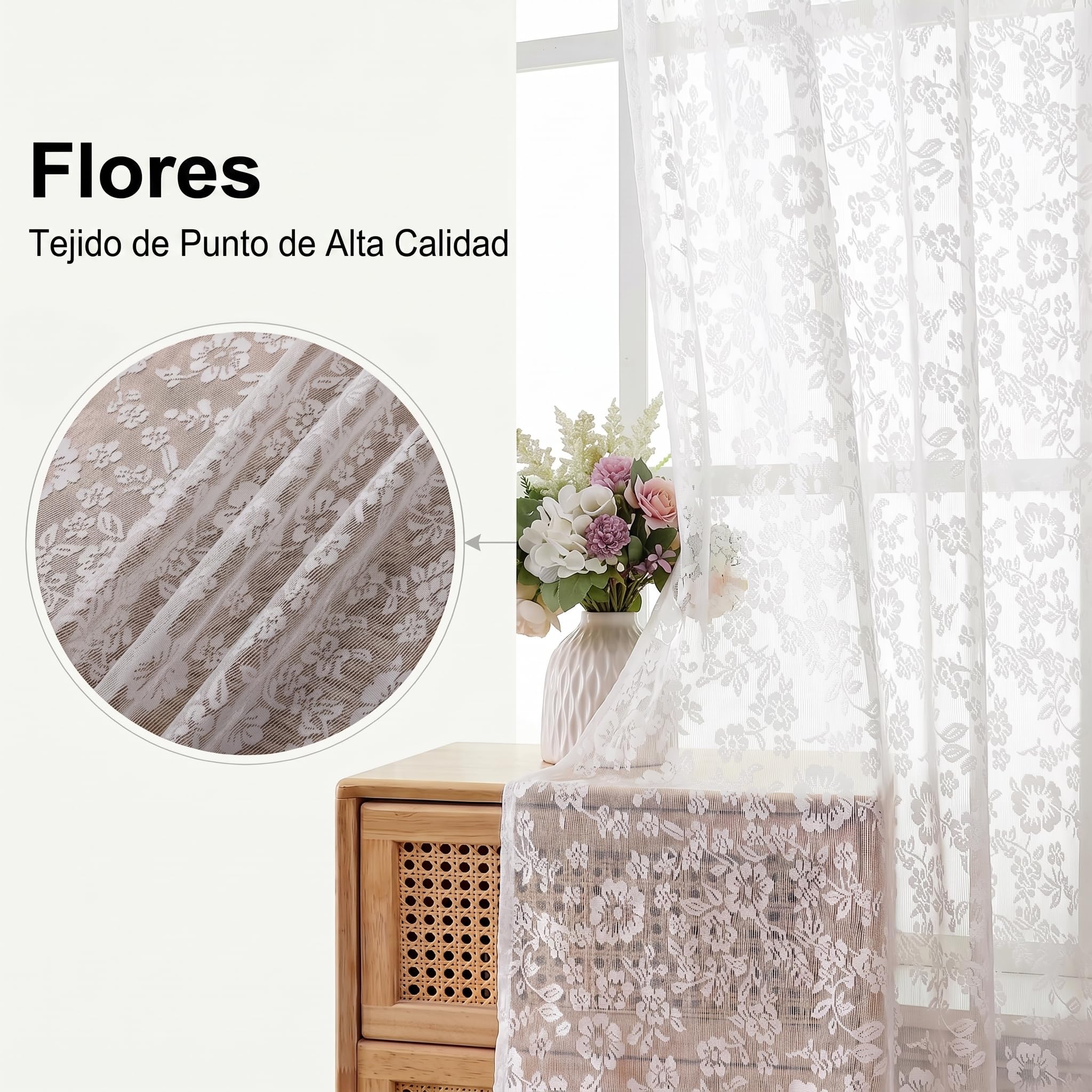 Visillos Blancos Jacquard con Flores pequeñas, Al260 x An140 cm, Set de 2 Paneles, Cortinas translúcidas con Ojales, Efecto Encaje, habitación niña salón Dormitorio
