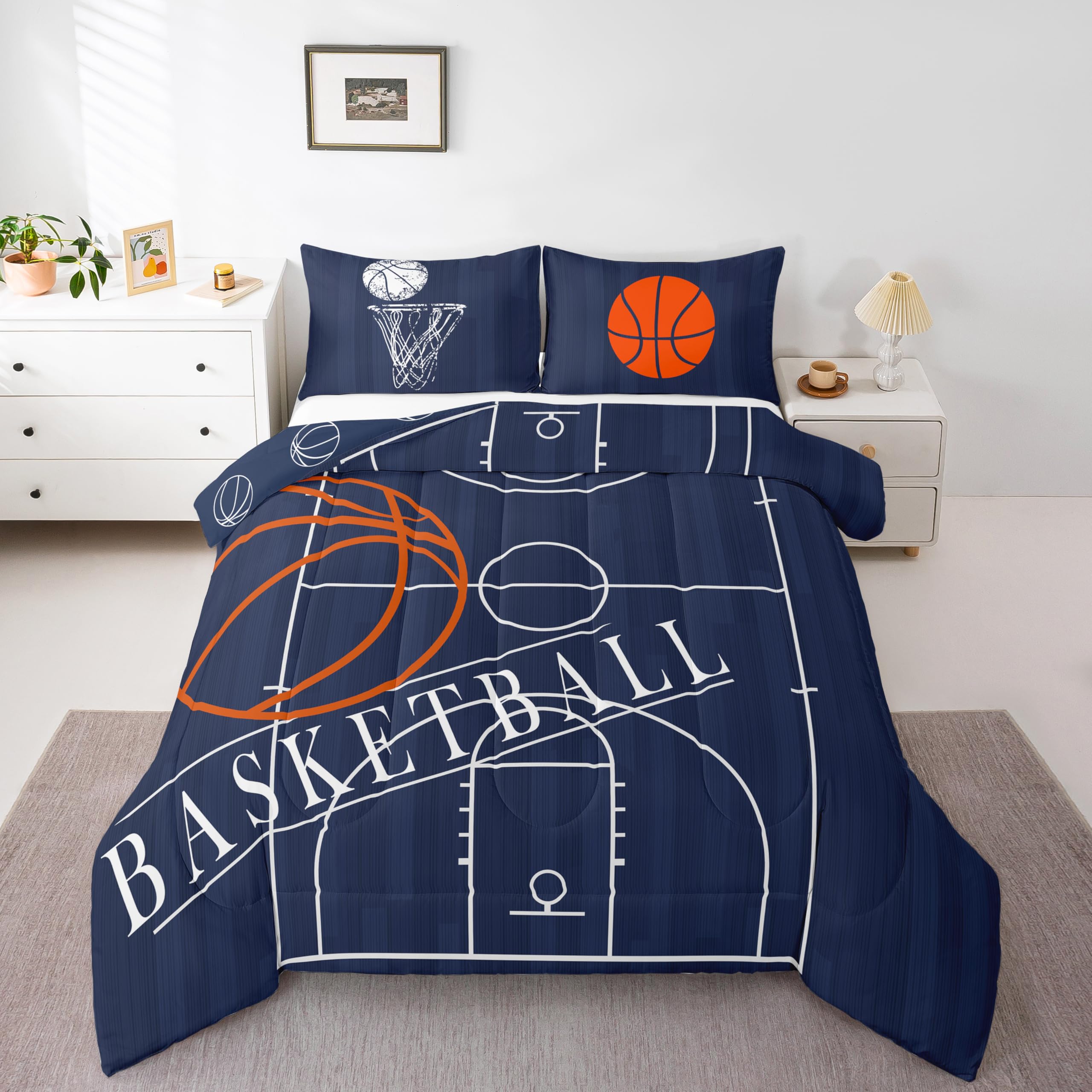 Erosebridal Kids Sports Twin Size Comforter Set - Basketball Print Reversible Down Comforter & Ball Game Bed Set