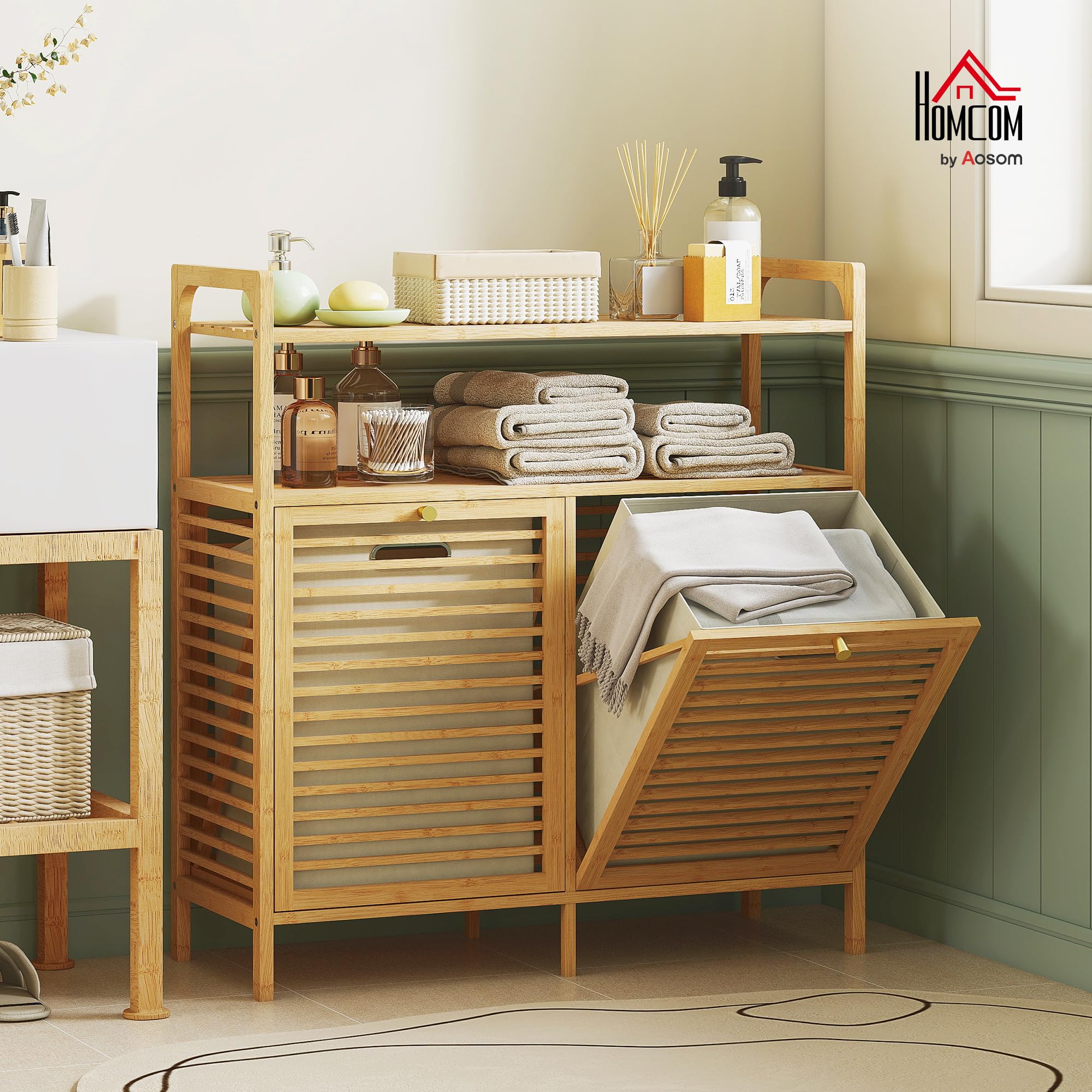 HOMCOM Mueble de Baño con Cesto Ropa Sucia 82x33x88 cm Natural y Crema | Mueble Ropa Sucia de Bambú, 2 Bolsas 2x41 L Extraíbles y Lavables con Asa, 2 Estantes Abiertos, para Lavadero