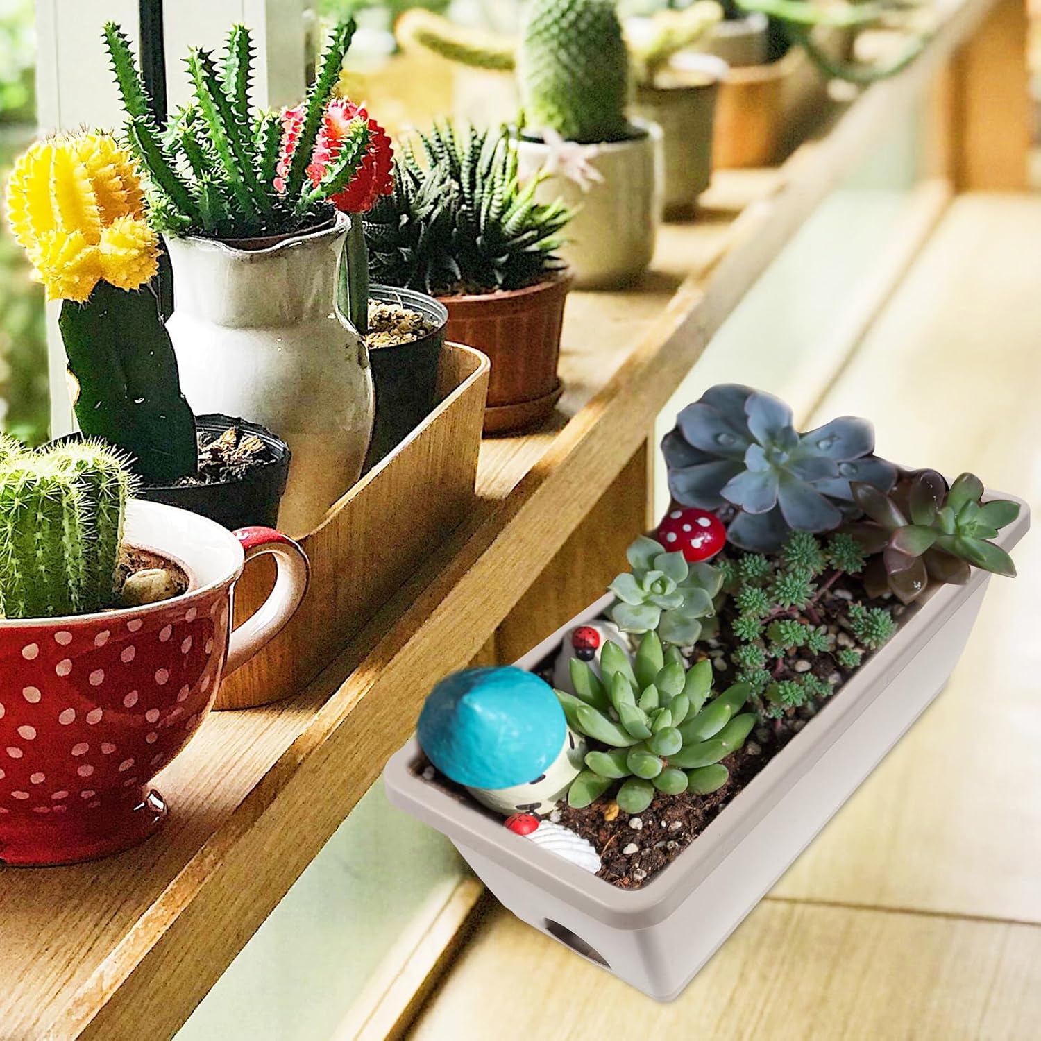 BESPORTBLE Window Box Planter, 4 Pcs 17 Inches Rectangle Flower Pots with Drainage Holes and Trays, Plastic Flower Box Vegetable Planters for Outdoor Indoor Plants Garden Home Decor