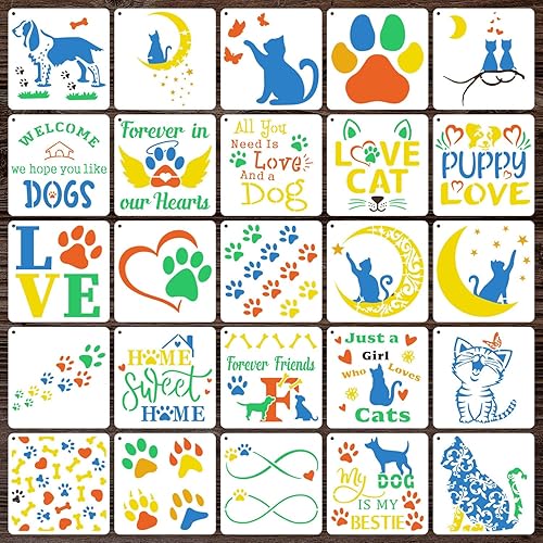 Miniatura 5 de Plantillas de perro y gato de 6 pulgadas para pintar, plantilla reutilizable de pata de perro, 25 piezas de estilo de mascota, plantilla de