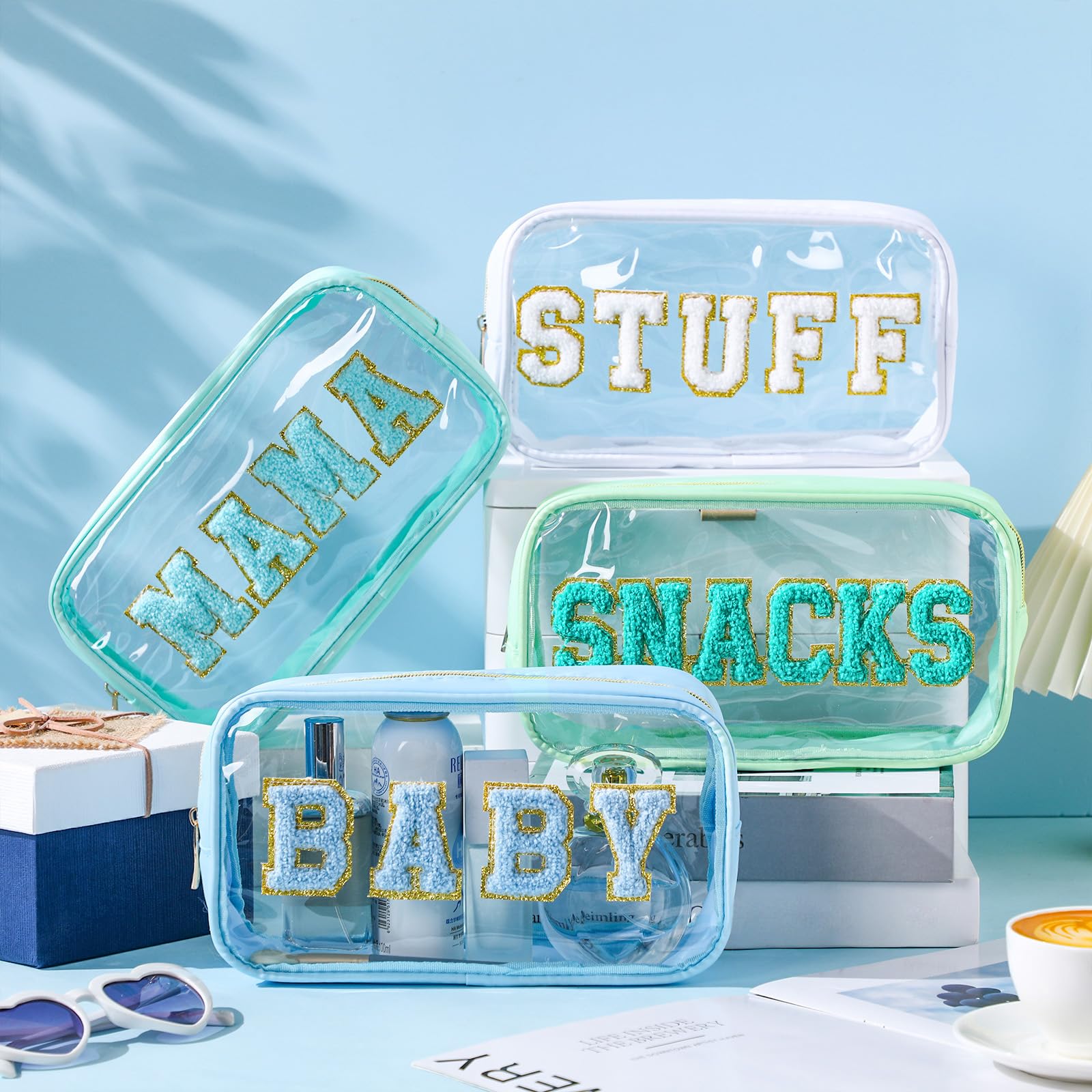 Kulturbeutel für Mama und Baby, transparent, Chenille, für Snacks, Make-up, Reisen, Wickeltasche, mit Reißverschluss, 4 Stück, Frische Farbe