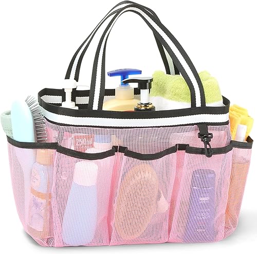 Organizador de ducha de malla portátil para dormitorio universitario, camping, viajes, gimnasio (rosa)