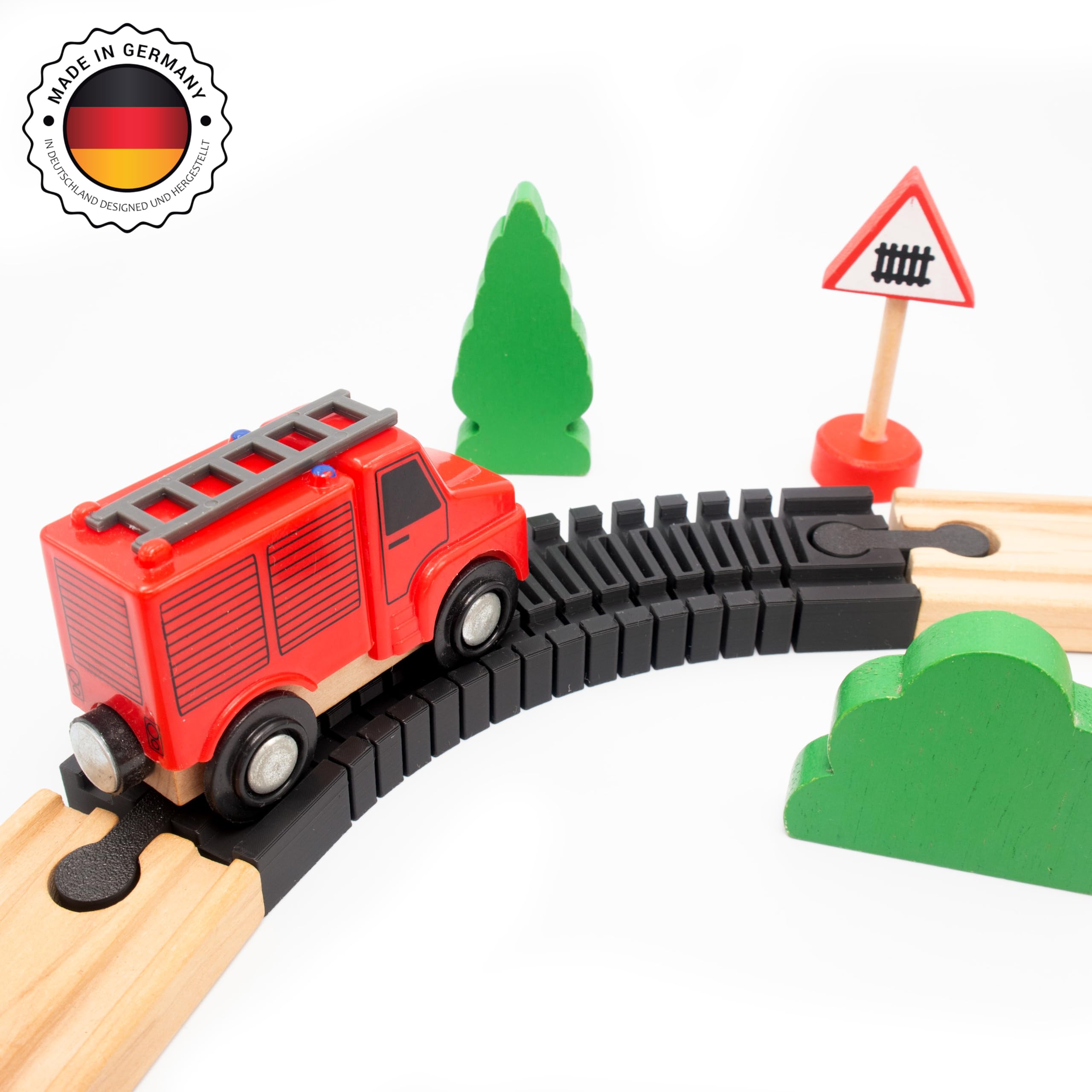 Szyna elastyczna – krzywa do 90° do drewnianych kolejek, kompatybilna z Brio, Eichhorn, IKEA Lillabo, łącznik szyny, elastyczna szyna, długość 16 cm, w zestawie adapter, pasuje zawsze (1 opakowanie)
