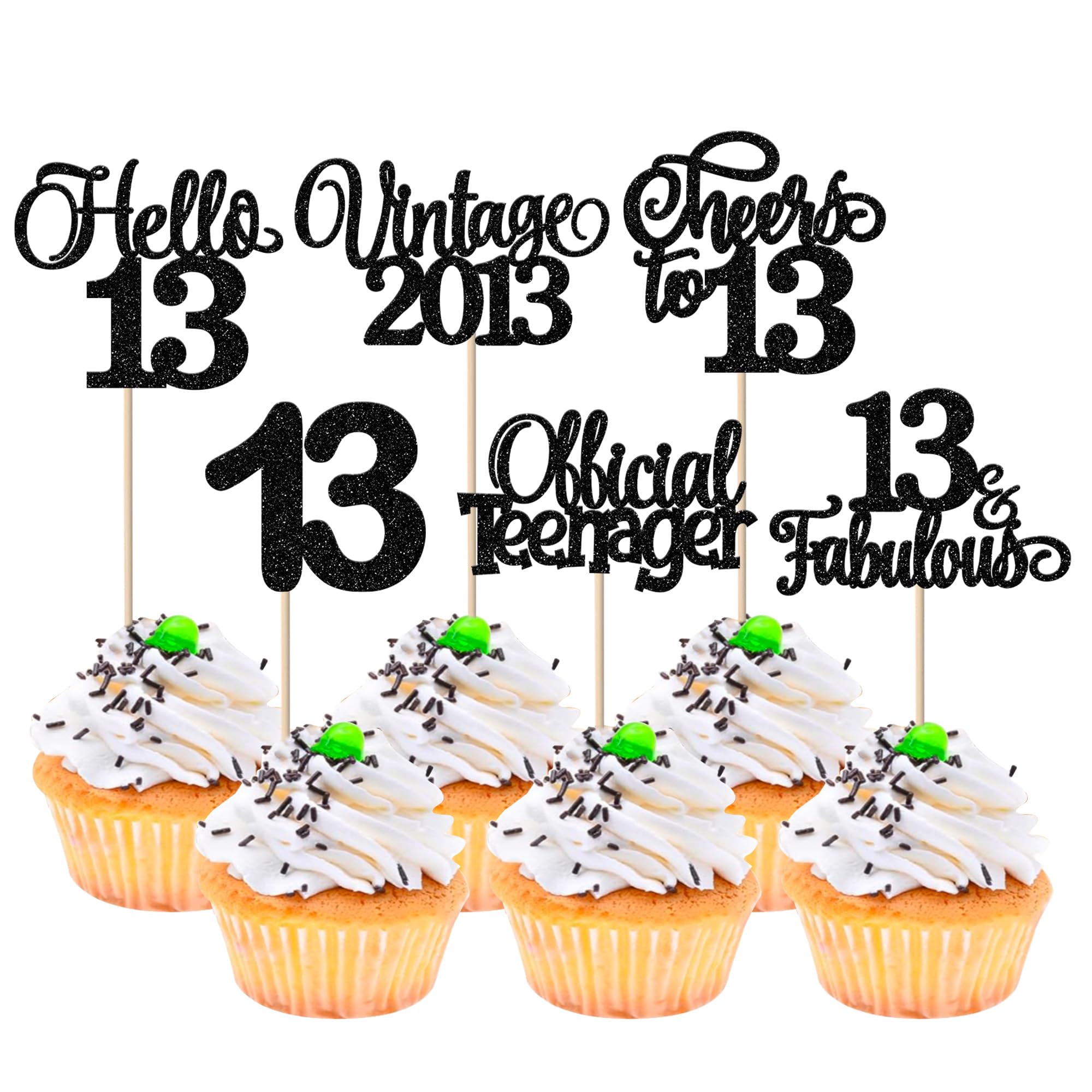 Xsstarmi 24 Pack Vintage 2013 Cupcake Toppers Glitter Black Star Official Teenager Cupcake Picks Hello 13 Cheers to 13 Years Cake Decorations for Happy 13th Birthday Anniversary Party Supplies — image 1