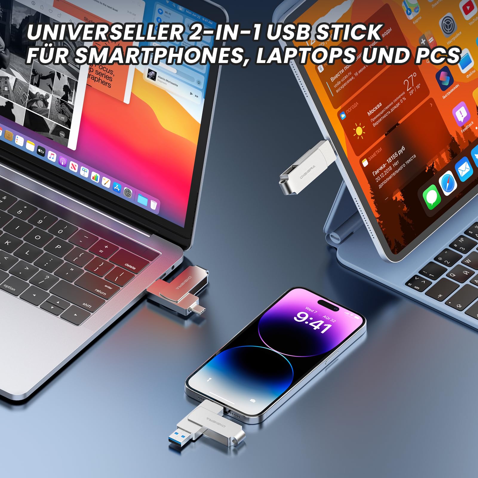 DIGIERA Chiavetta USB 2 in 1 da 512 GB 2 in 1, USB 3.2 Gen 2 Thumb Drive, 500 MB/s in lettura 400 MB/s in scrittura, girevole a 360°, in alluminio, compatta per trasferimento file, backup e