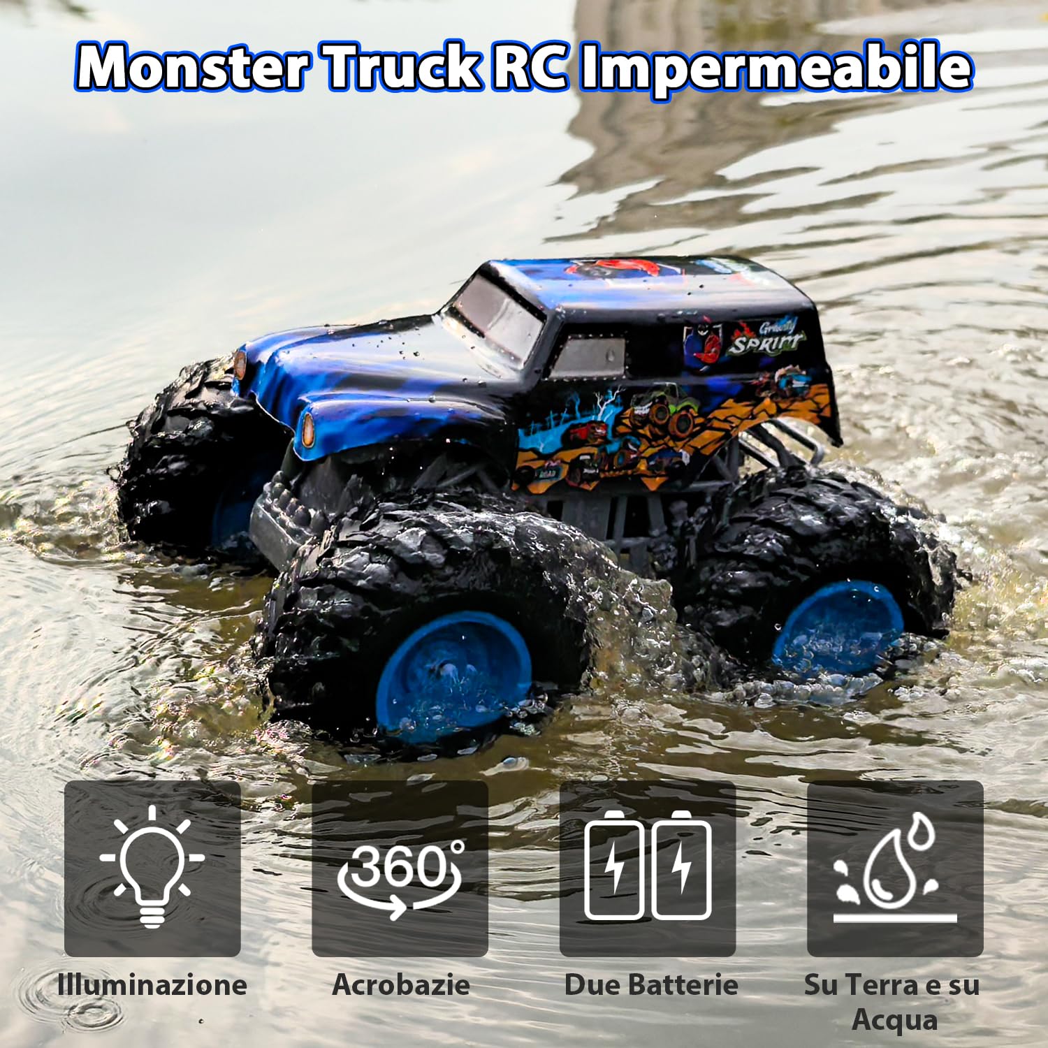Monster Truck Telecomandato, 1:16 Macchina Telecomandata per Bambini con Luci, 360° Rotazioni, Camminare in posizione eretta/a testa in giù, Macchine Telecomandate per Bambini 4, 5, 6, 8+ Anni