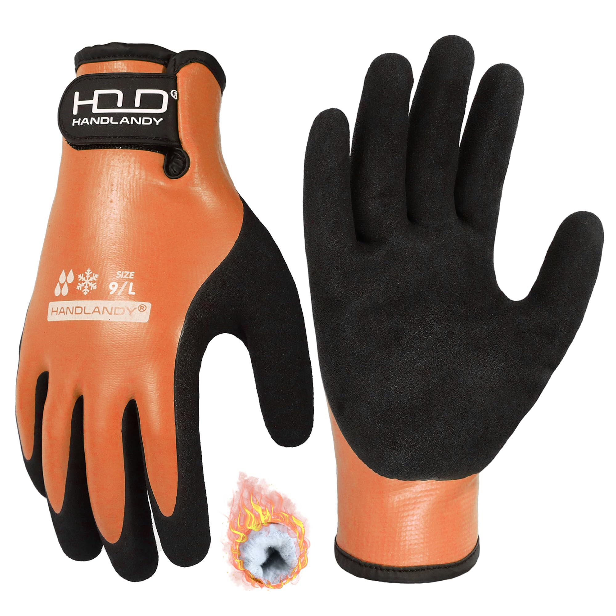 HANDLANDY Winter Waterproof Work Gloves, Thermal Insulated Cold Weather Gloves with Grip for Men Women, for Freezer Fishing Warehouse (Black-Orange, L) — image 1