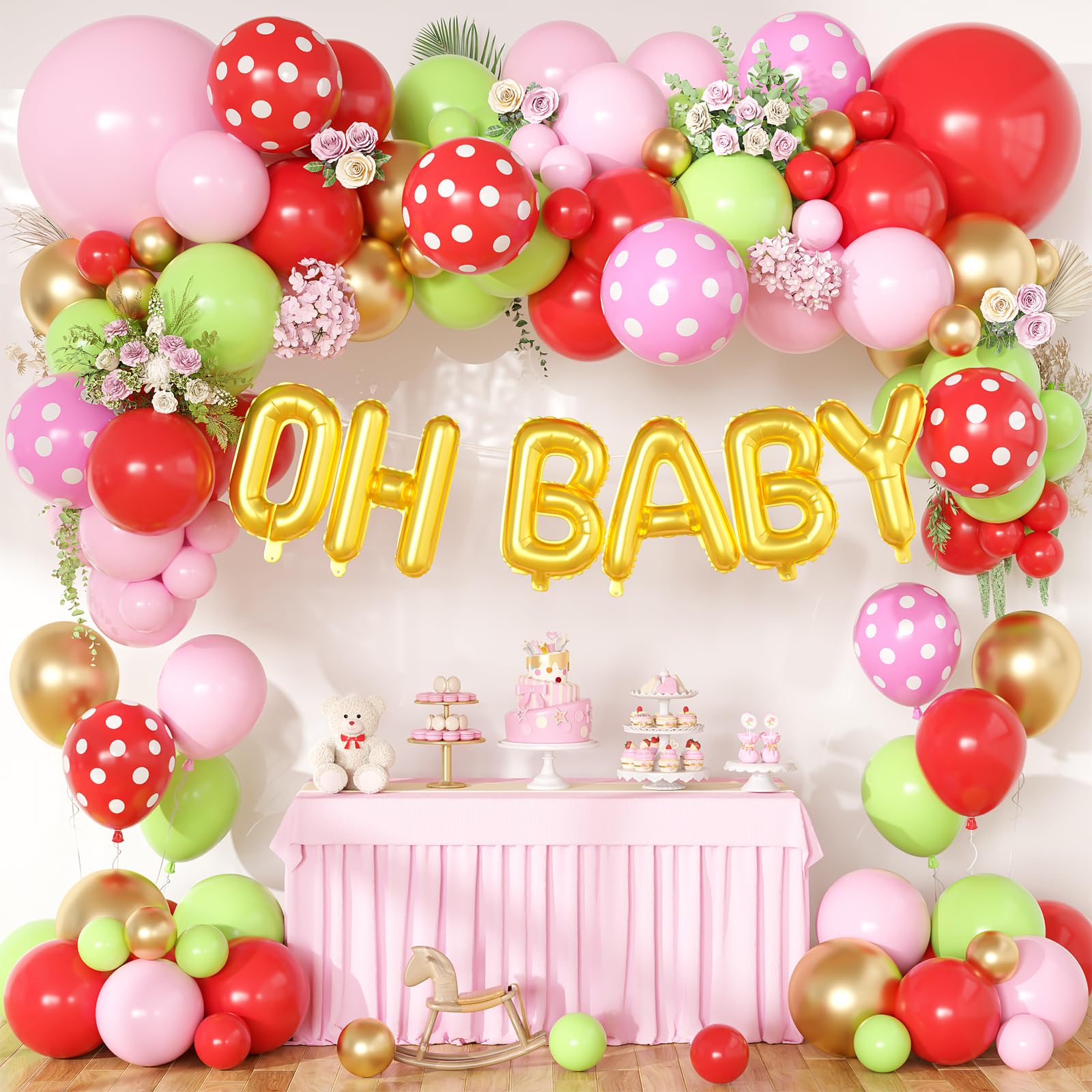 Baby Shower Decorations for Girl,Pink Red Green Strawberry Balloon Arch with Oh Baby Balloon Banner For It's a Girl Gender Reveal Baby Shower Birthday