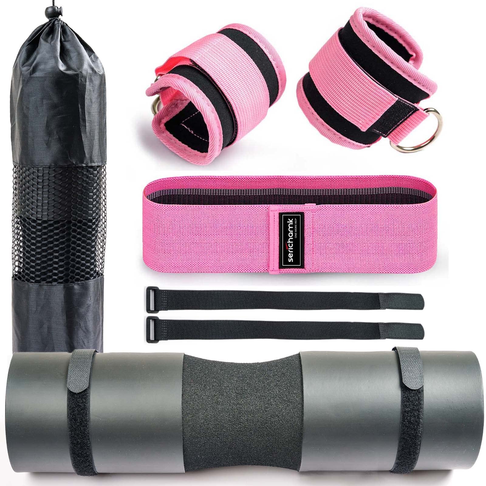 Serichamk Barbell Pad for Hip Thrust Squat Bar Pad Foam Barbell Pad for Weight Bar Cushion with 2 Gym Ankle Straps 1 Booty Band and Carry Bag for Standard Olympic Bars