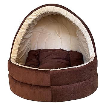 Mellifluous Small Size Dog and Cat Cave Velvet Pet Bed Length 48 cm Width 48 cm Height 40 cm (Small, Brown-Cream)
