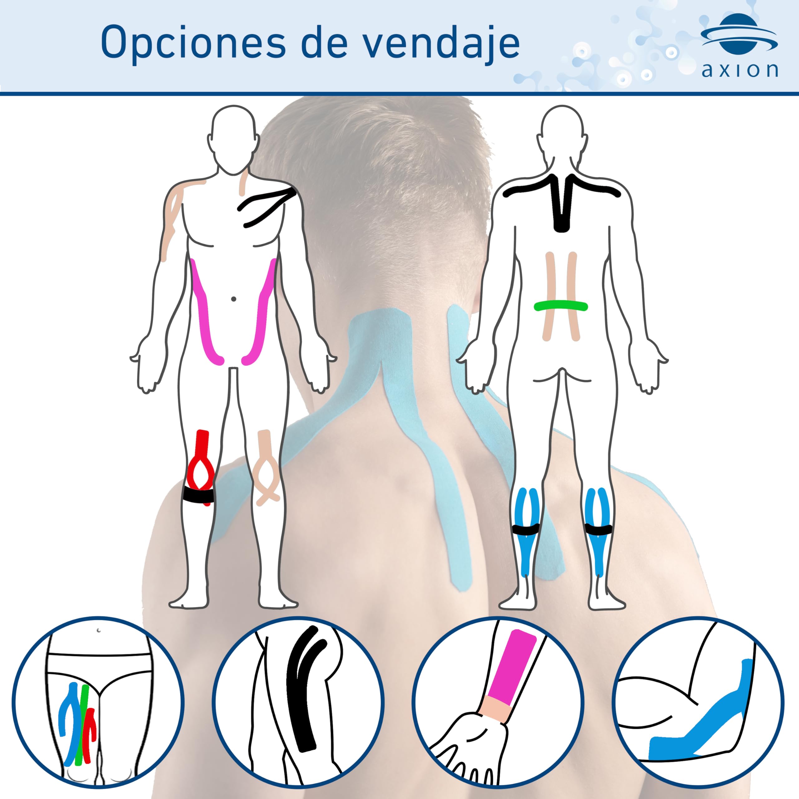 6 Kinesiotape axion® | Cintas kinesiológicas elásticas | Tiras adhesiva deportiva | Rollos para vendaje neuromuscular y fisioterapia | Soporte articular y muscular