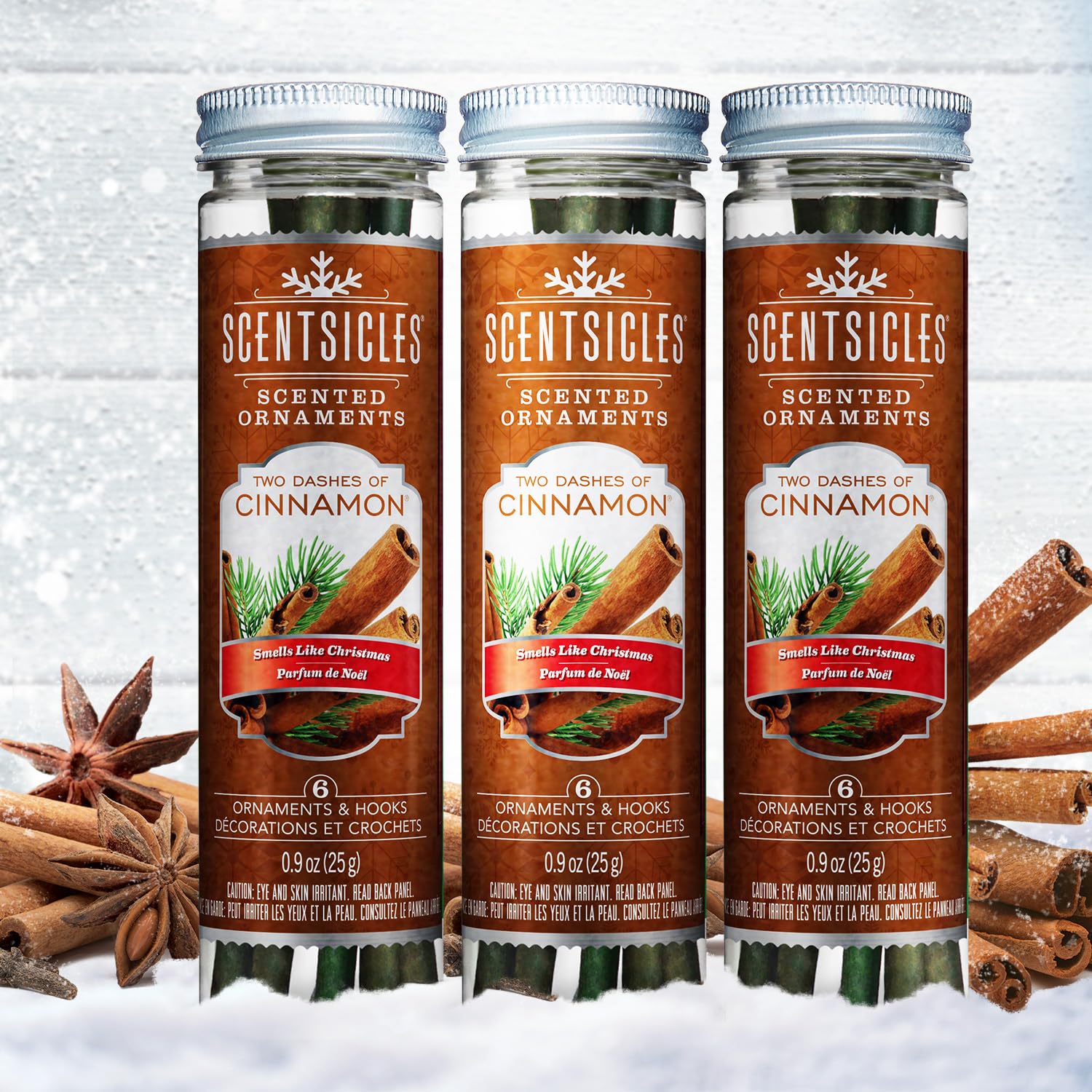 ScentsiclesTwo Dashes of Cinnamon Scented Christmas Ornaments with Hooks - 3 Bottles (18 Sticks Total)