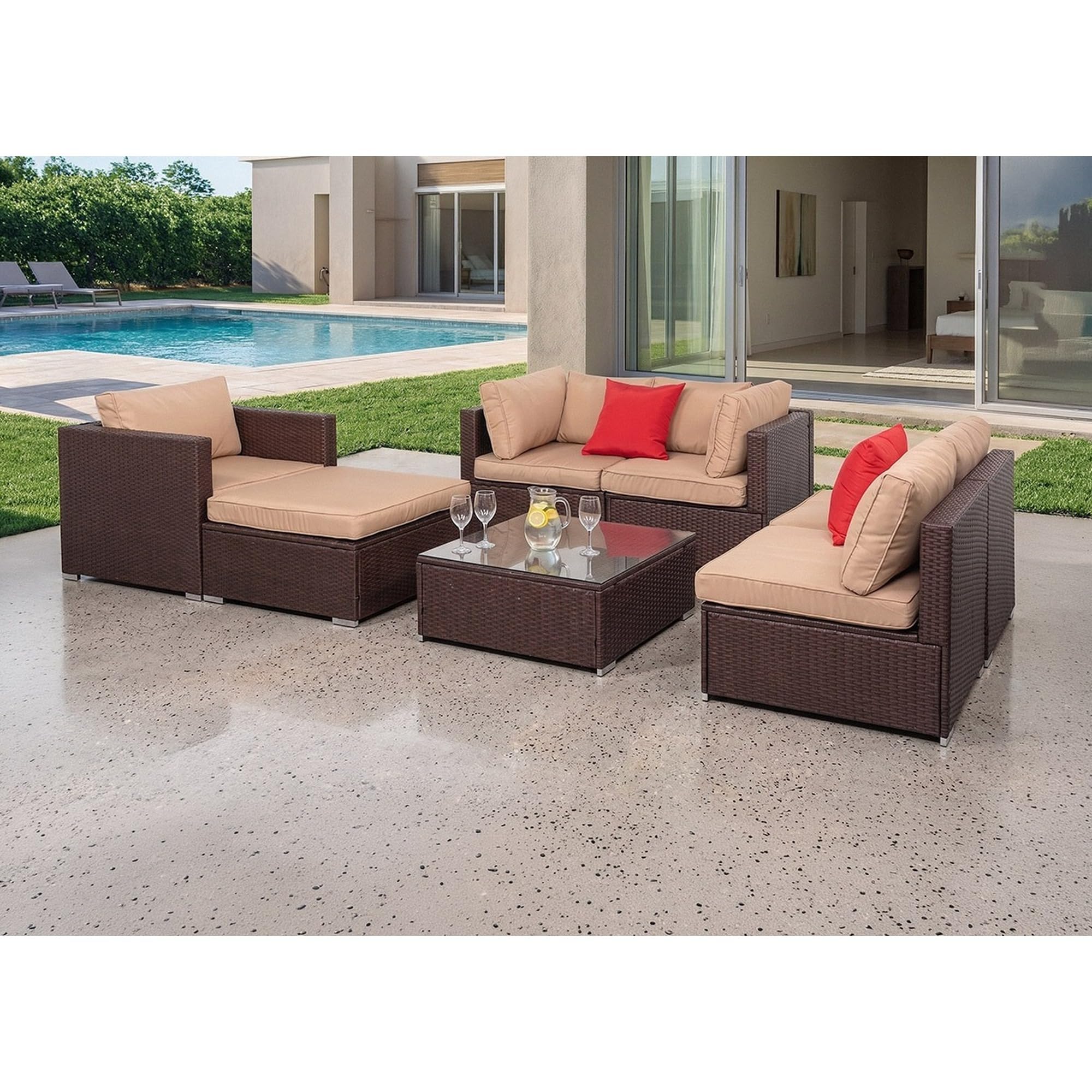 Conjunto de Muebles de Jardín Karl 7 Piezas, Sofá de Exterior Seccional de Ratán Sintético PE, Estructura de Hierro, Cojines de 8 cm y Mesa con Cristal Templado, Marrón